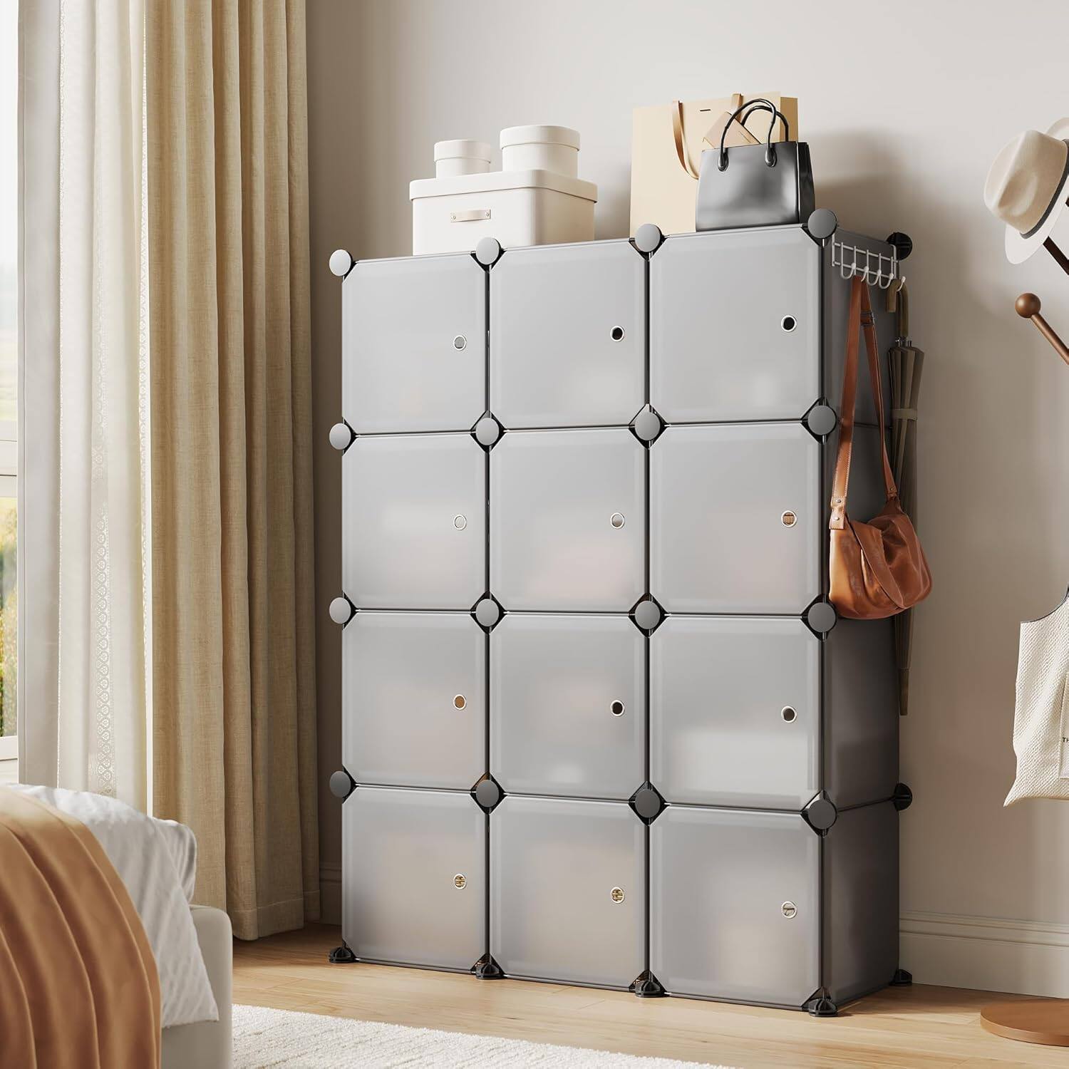 Front. Homhougo - Space-Saving Modular Shoe Storage Cabinet – 12-Cube Stackable Organizer with Doors, Durable Plastic & ABS Shelving, - Grey.
