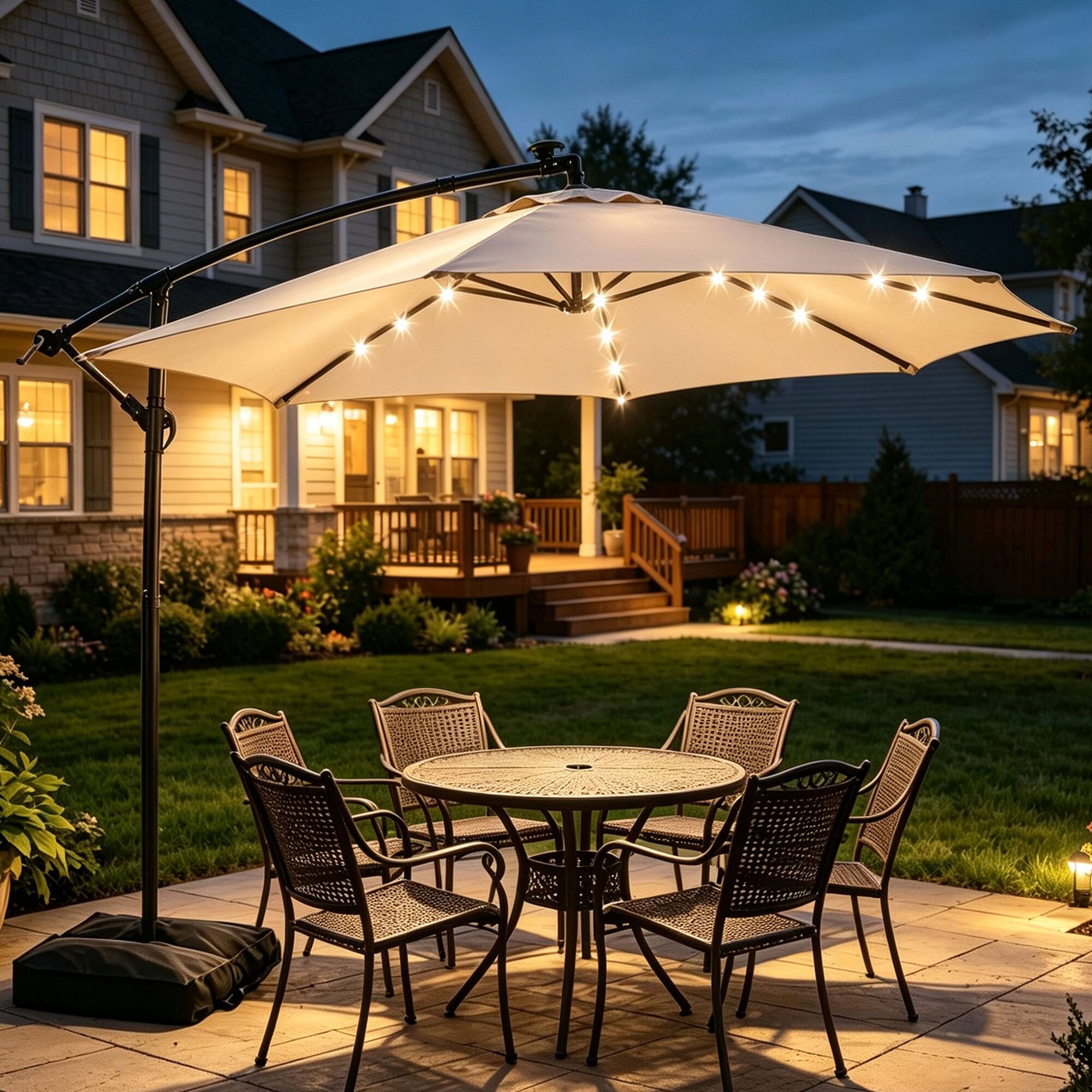 Left. Ainfox - Ainfox 10FT Outdoor Patio Cantilever Umbrella Hanging Offset with Cross Base  Sand Bags & 24 LED Solar Lights - Khaki.