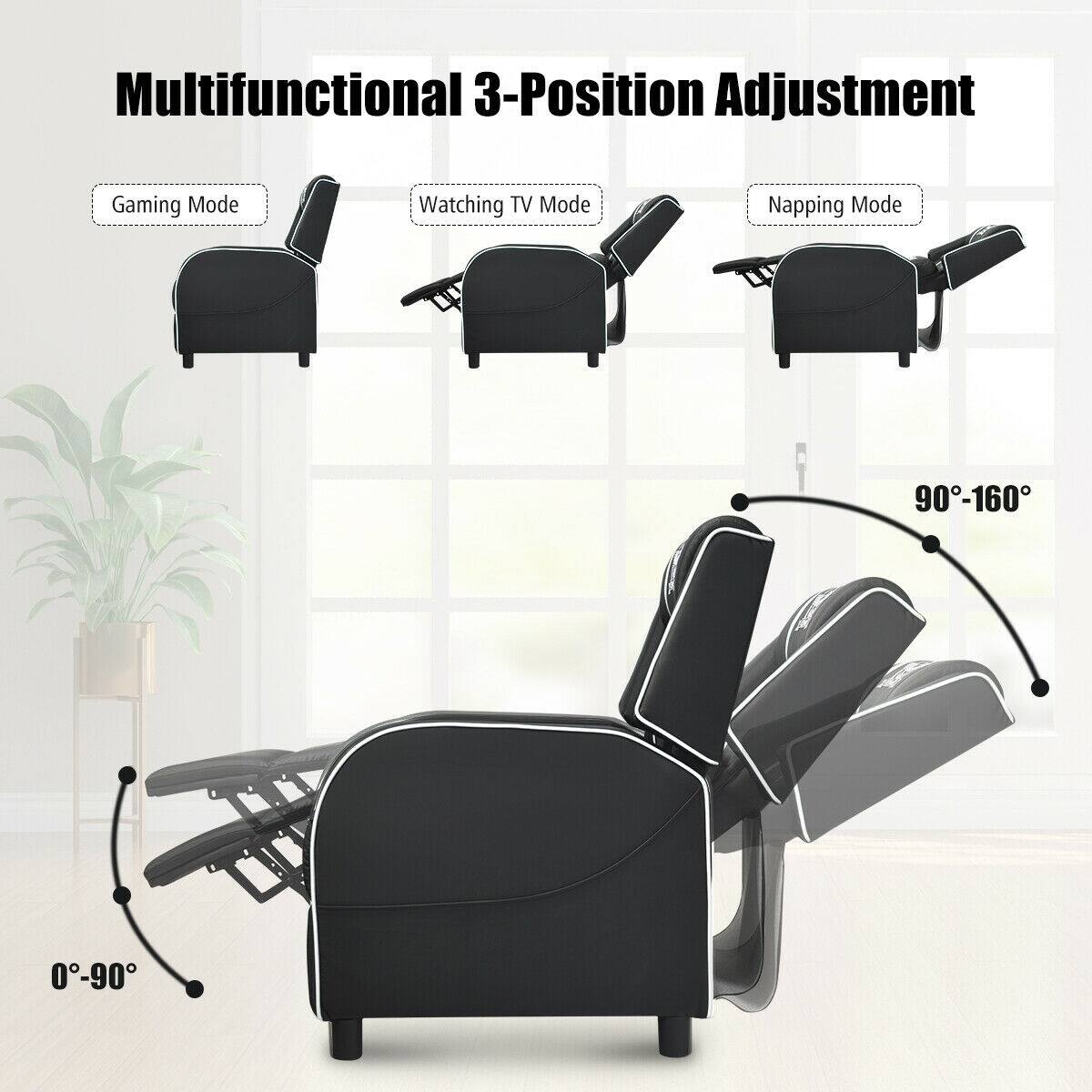 Multifunctional 3-Position Adjustment

Gaming Mode  
Watching TV Mode  
Napping Mode  

90°-160°  
0°-90°