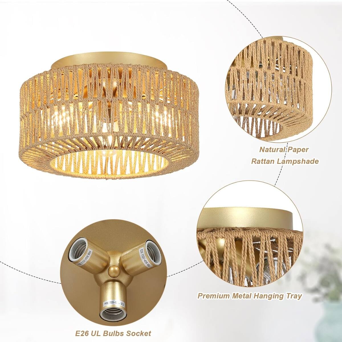 Natural Paper Rattan Lampshade

Max E2S: 110V-40W

Premium Metal Hanging Tray

E26 UL Bulbs Socket