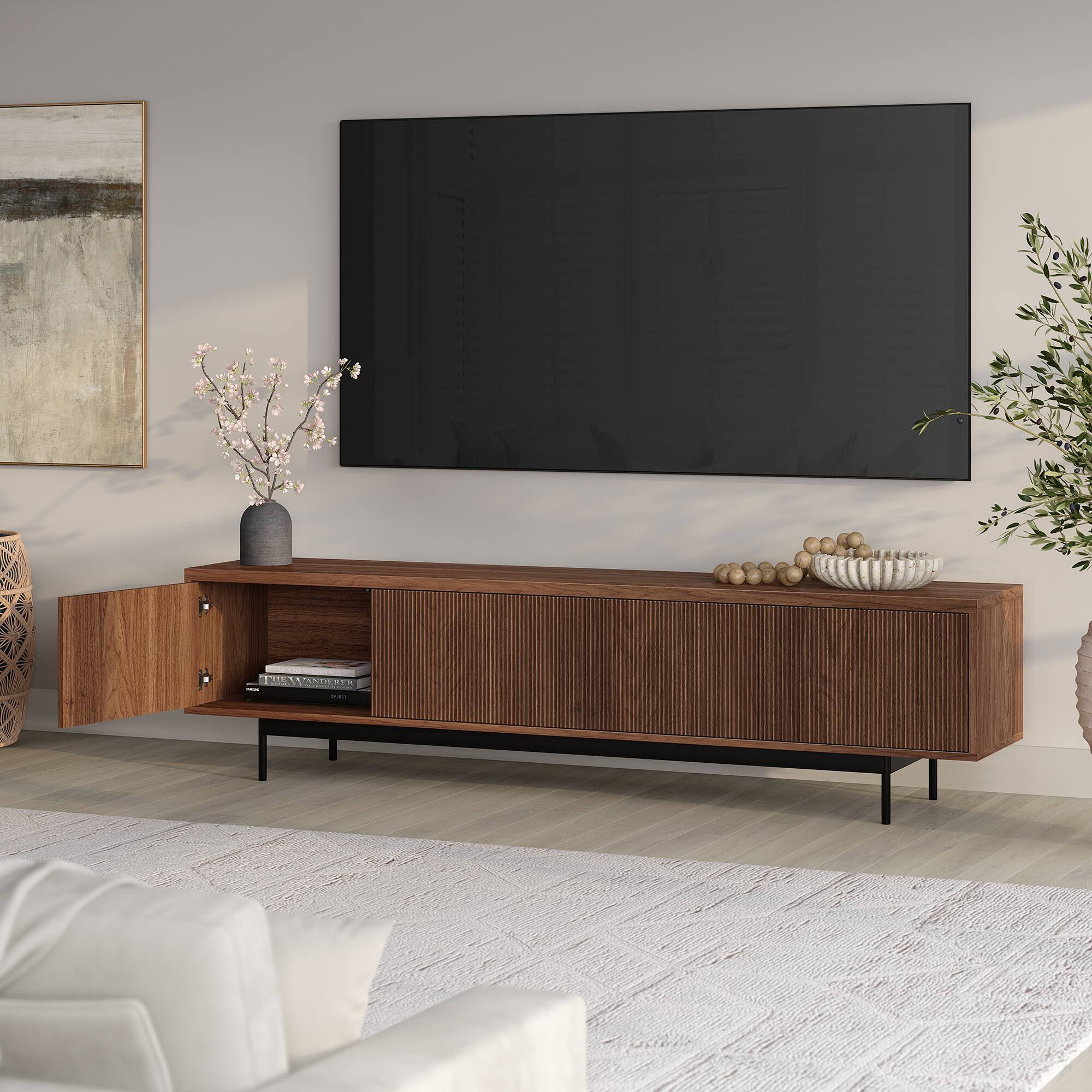 Alt View 4. Hudson&Canal - Whitman Rectangular Fluted TV Stand for TV's up to 85" in Satin Walnut - Satin Walnut.