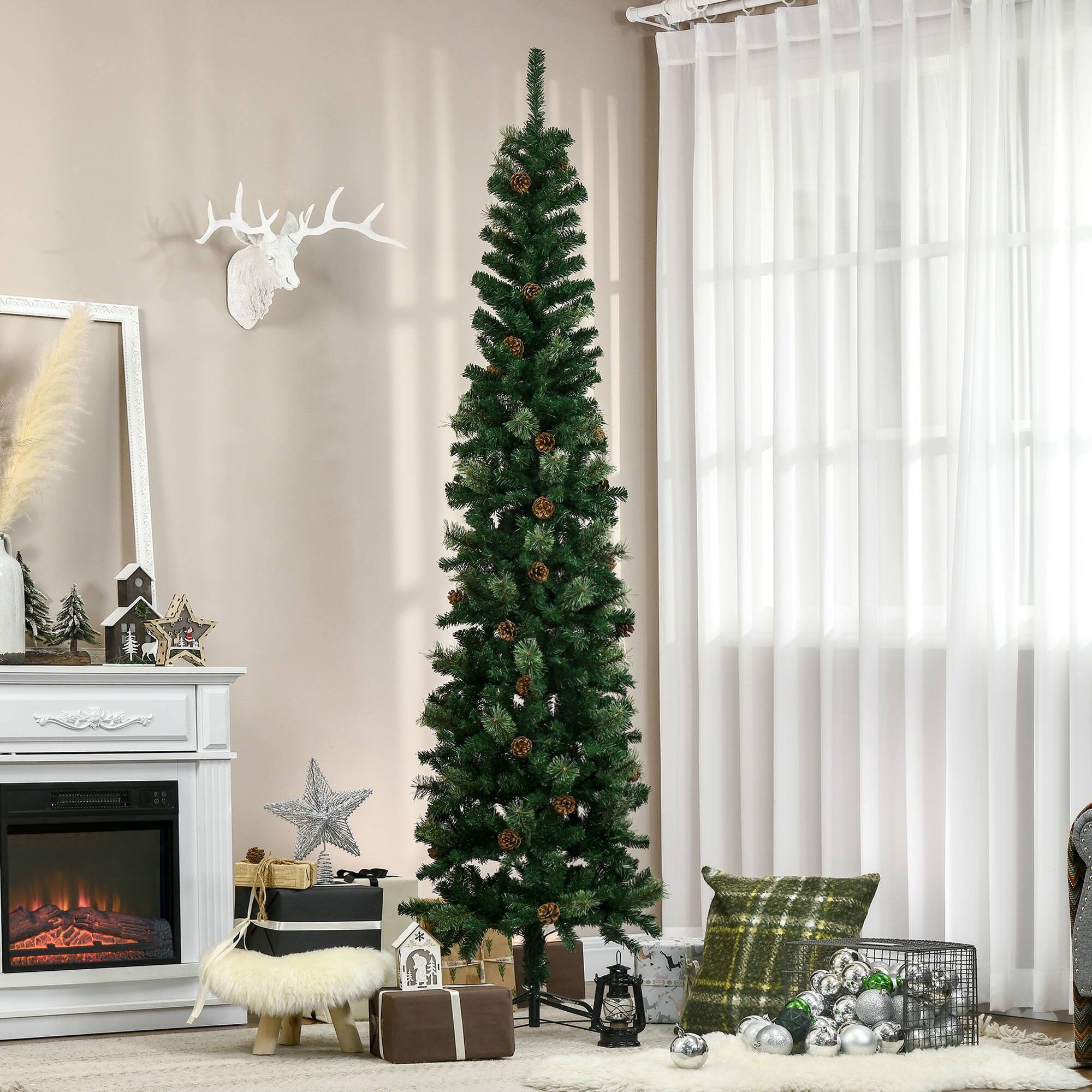 Alt View 7. Homcom - Pencil Artificial Christmas Tree, Slim Pine Needles, Realistic Branches, Pine Cones, Metal Base - green.