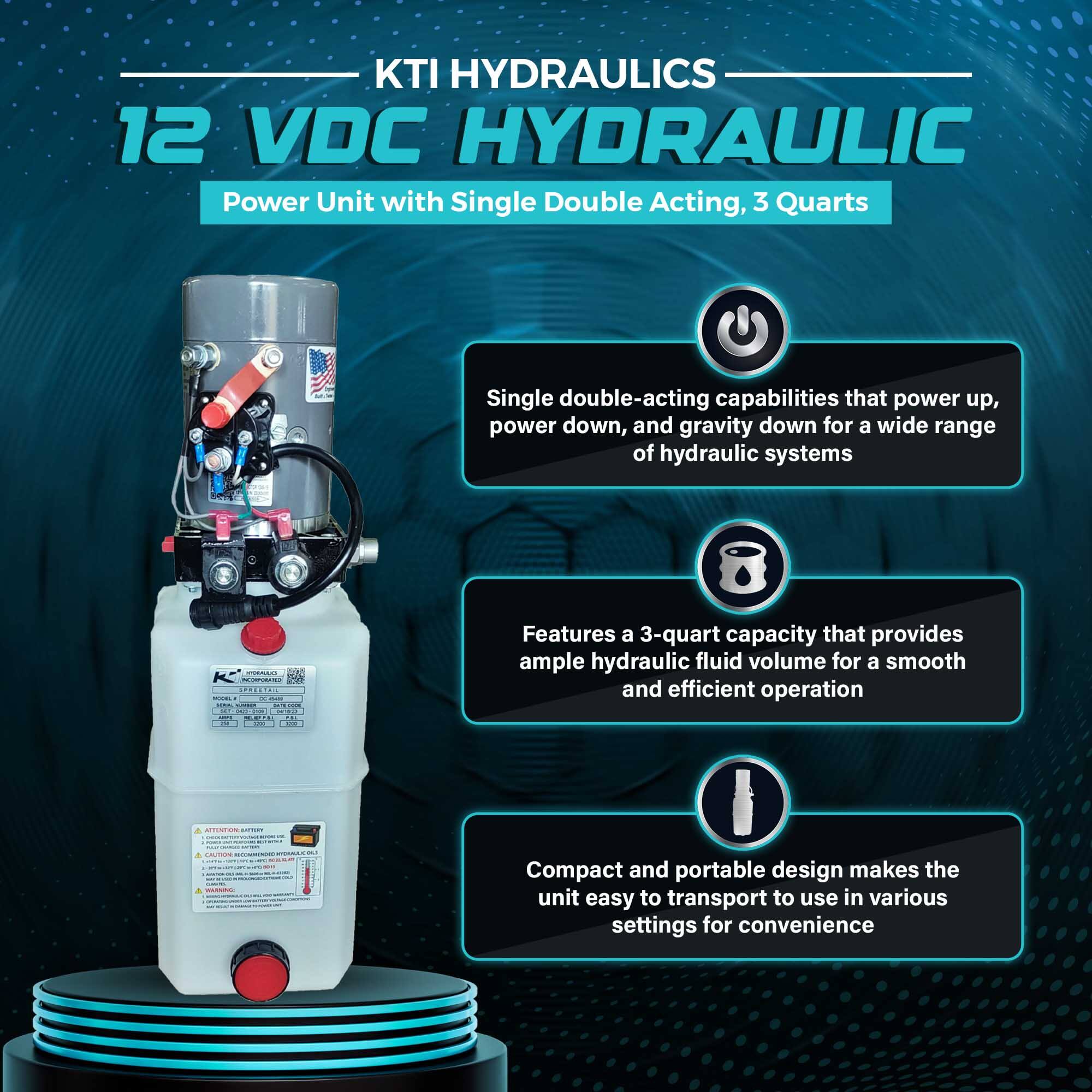 KTI HYDRAULICS 12 VDC HYDRAULIC Power Unit with Single Double Acting, 3 Quarts

- Single double-acting capabilities that power up, power down, and gravity down for a wide range of hydraulic systems
- Features a 3-quart capacity that provides ample hydraulic fluid volume for a smooth and efficient operation
- Compact and portable design makes the unit easy to transport to use in various settings for convenience