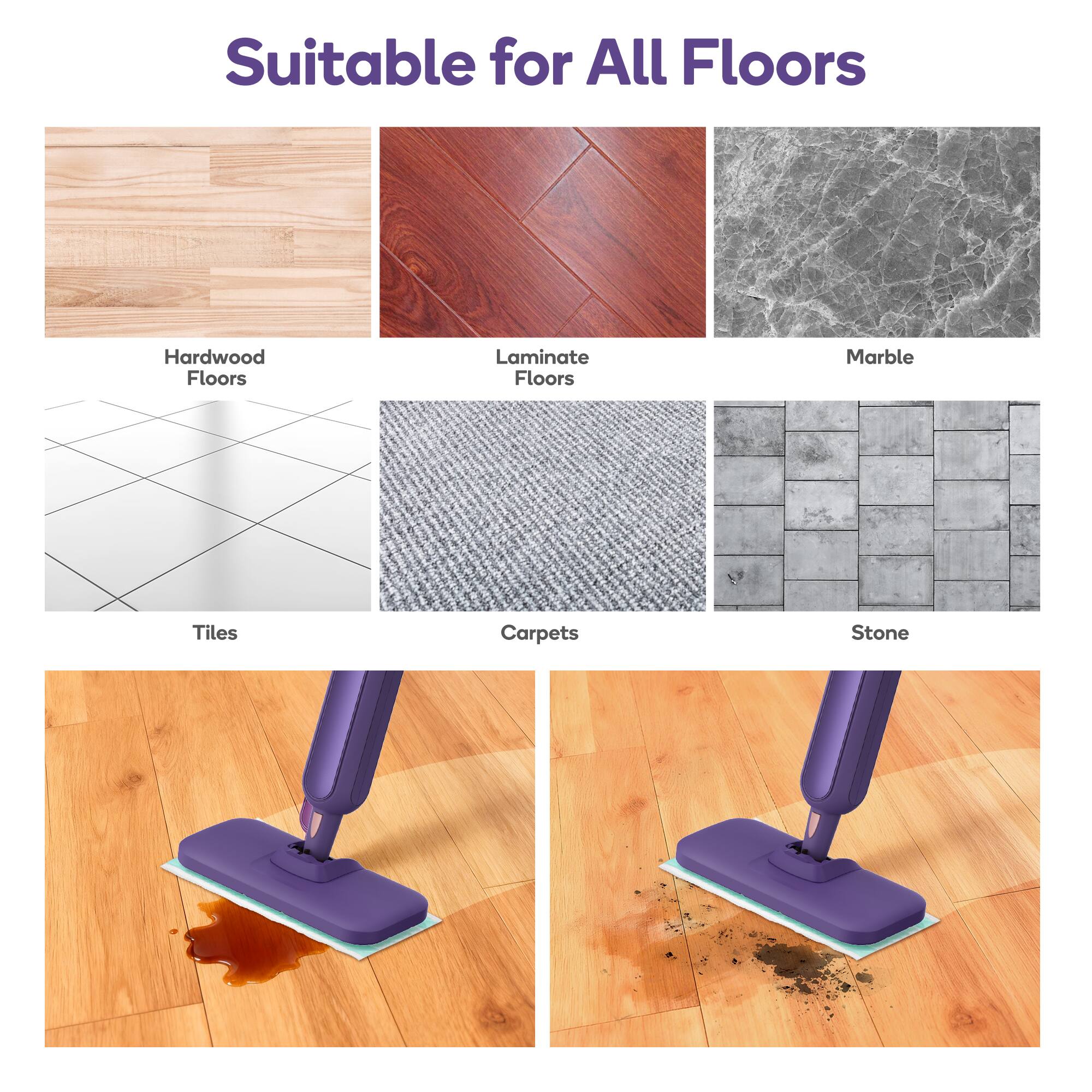 Suitable for All Floors

- Hardwood Floors
- Laminate Floors
- Marble
- Tiles
- Carpets
- Stone
