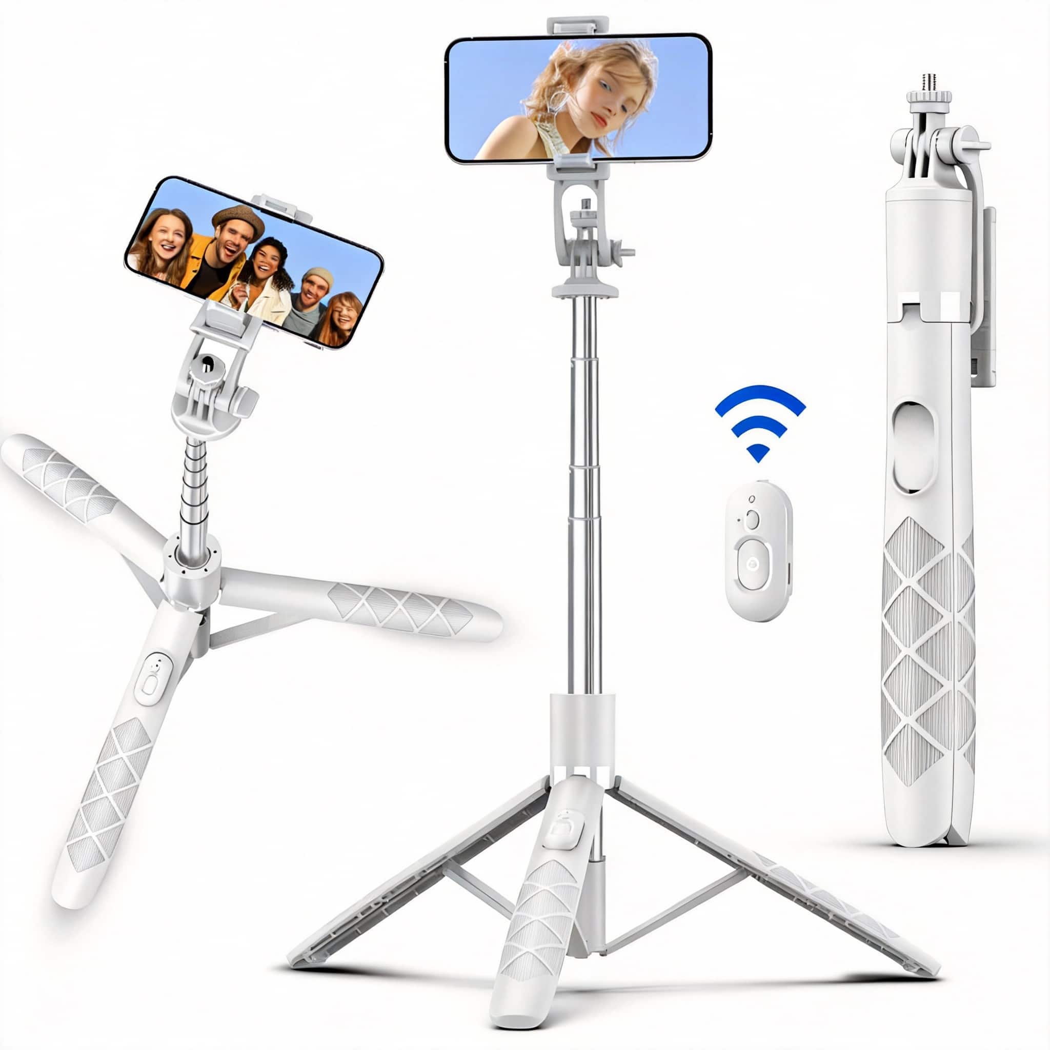 OMOMMD- Selfie Stick Smartphone Tripod Stand All in 1 With Remote Travel For Extendable Cell Phone Tripods Selfie v- White