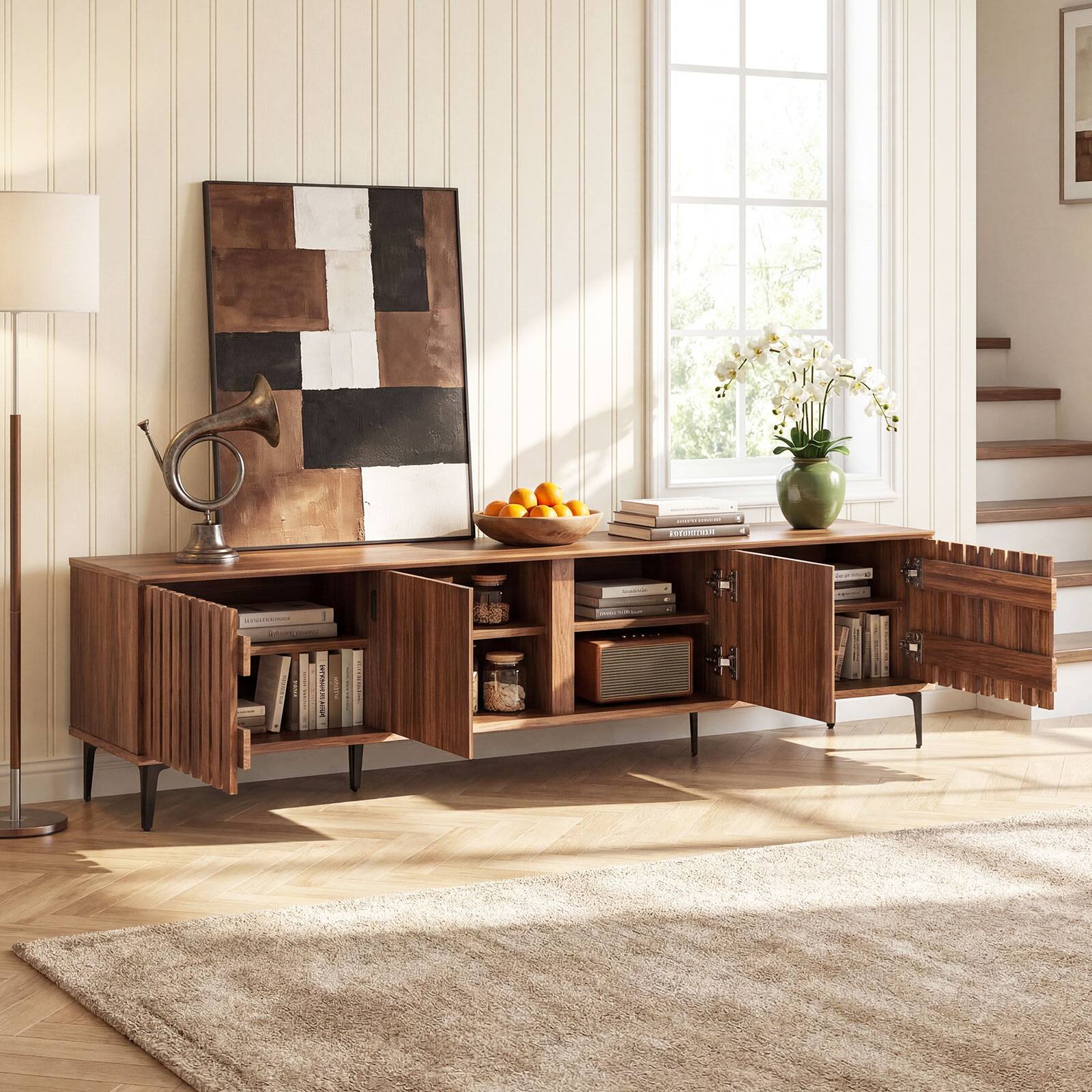 Alt View 1. Costway - Costway 4-Door TV Stand for 80 Inches TVs, Mid Century Modern Entertainment Center - Walnut.