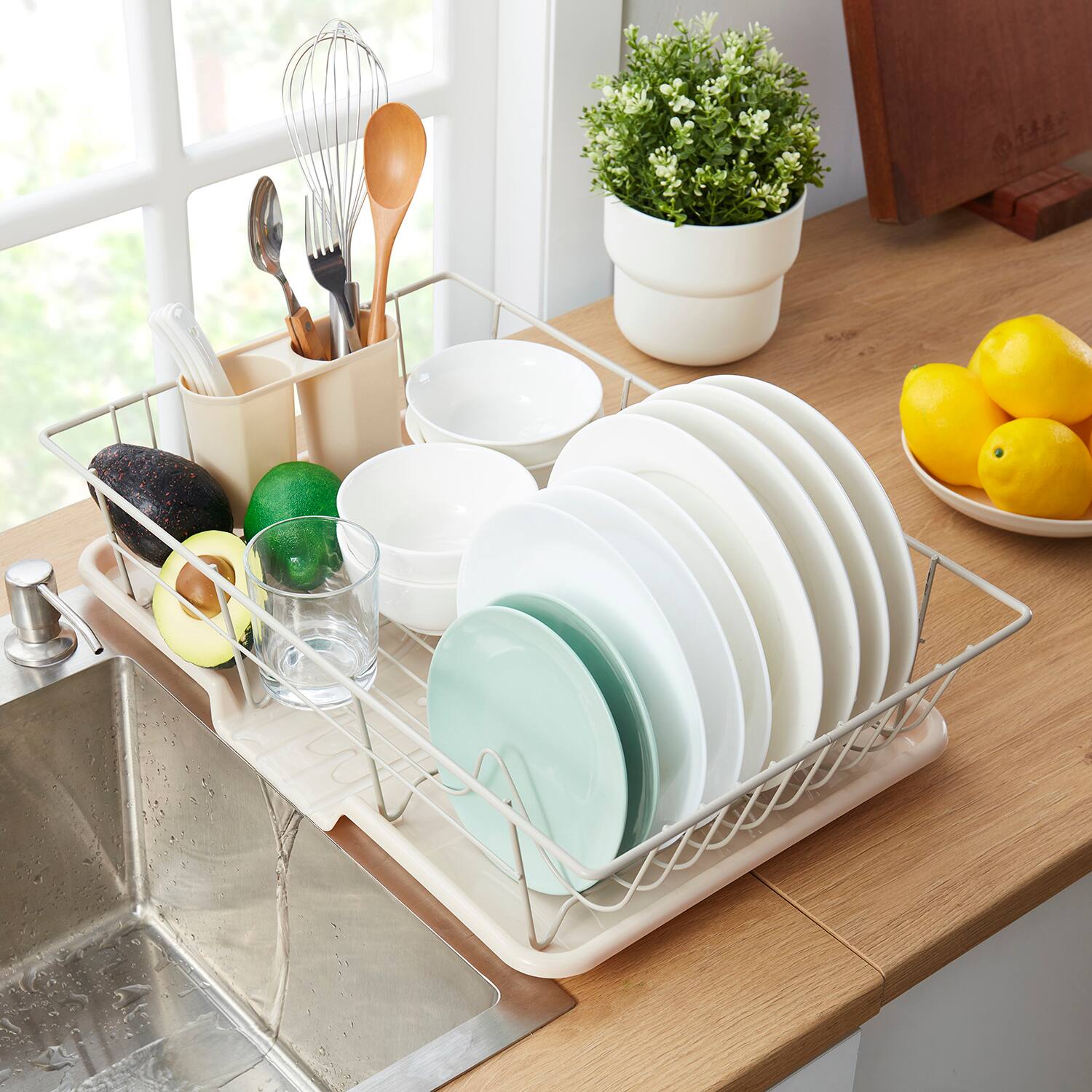 Back. Sweet Home Collection - Steel 3-Piece Large Countertop Dish Drainer with Drain Board & Utensil Holder - Beige.
