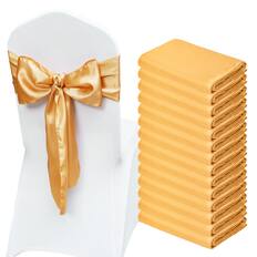 Front. VEVOR - Stretch Spandex Chair Sashes Bows, Chair Slipcover and Stretch Chair Sash, Elastic Chair Bands, Fitting Wedding, Holiday - Golden.