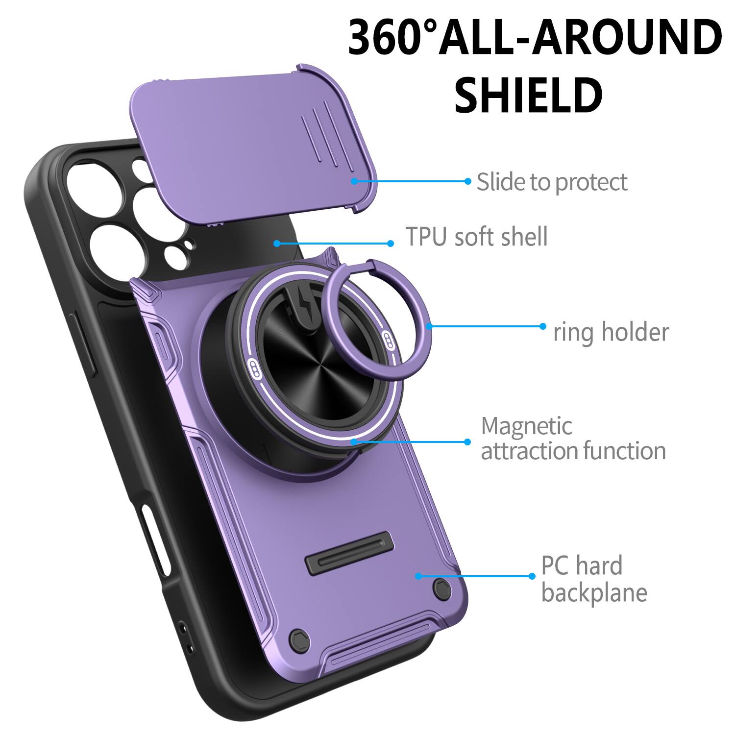 360° ALL-AROUND SHIELD  
Slide to protect  
TPU soft shell  
8 ring holder  
Magnetic attraction function  
PC hard backplane
