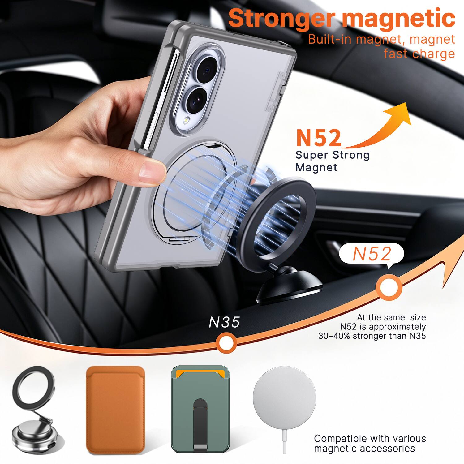 Stronger magnetic  
Built-in magnet, magnet fast charge

N52  
Super Strong Magnet

N52  
At the same size N52 is approximately 30-40% stronger than N35

Compatible with various magnetic accessories