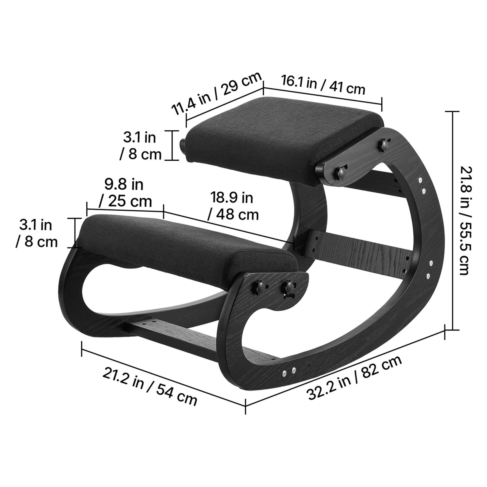 3.1 in / 8 cm  
9.8 in / 25 cm  
11.4 in / 29 cm  
16.1 in / 41 cm  
18.9 in / 48 cm  
21.2 in / 54 cm  
21.8 in / 55.5 cm  
32.2 in / 82 cm