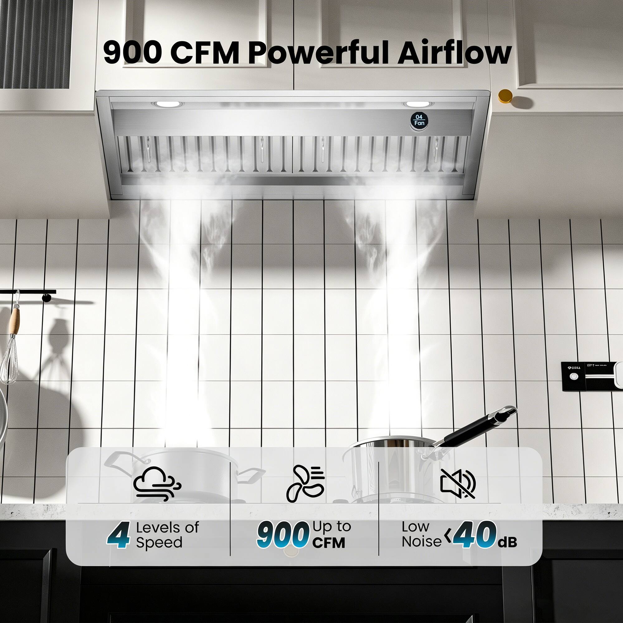 900 CFM Powerful Airflow

04 Fan

Press

4 Levels of Speed

Up to 900 CFM

Low Noise 40dB