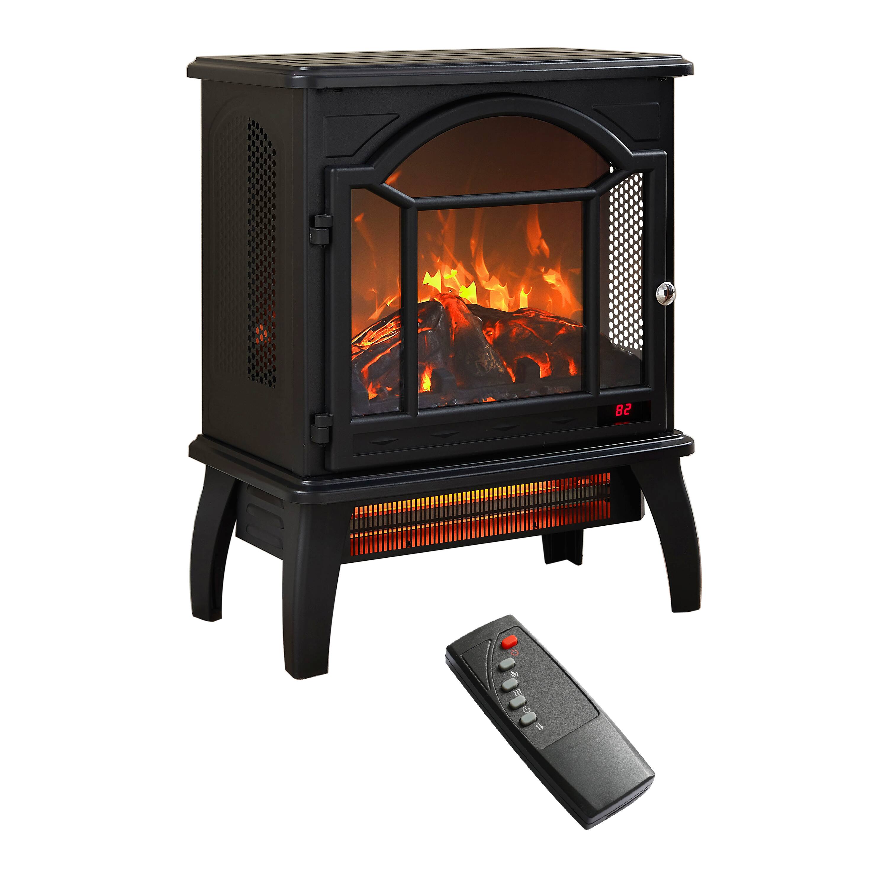 Front. GOODSILO - 18"" Electric Infrared Quartz Fireplace Stove with Remote - Freestanding Design - Antique Black.