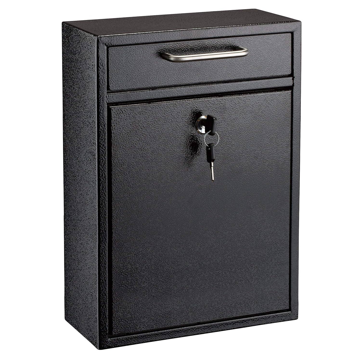 Front. AdirOffice - Safe Large Steel Wall-Mounted Drop Box with Key Lock - Black.