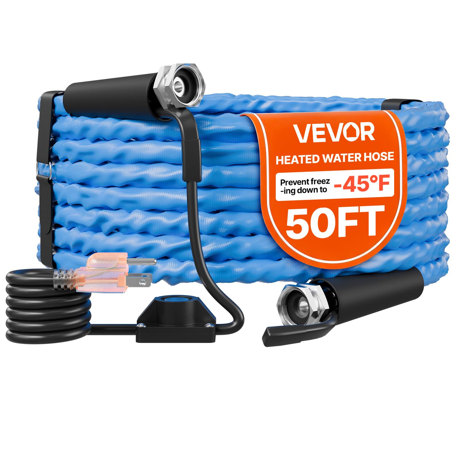 VEVOR - 50FT Heated Water Hose for RV Antifreeze to -45°F Drinking Water Hose, 5/8" ID, Corrugated Surface, Built-in Thermostat - Blue;Black