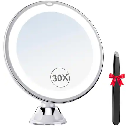 Front. Stylel Star - 2025 Upgraded 30x Magnifying Mirror With Light Makeup 2-level Lights Vanity Power Suction Cup And Tweezers 360° Swivel P.
