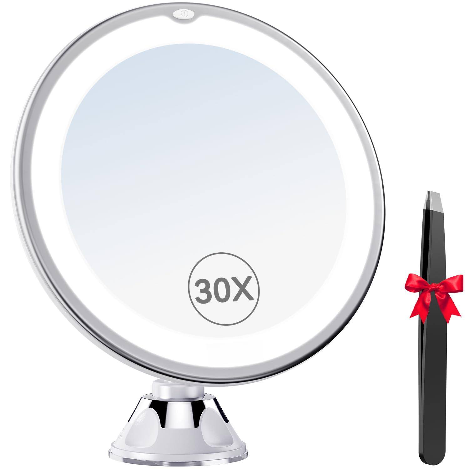 Stylel Star - 2025 Upgraded 30x Magnifying Mirror With Light Makeup 2-level Lights Vanity Power Suction Cup And Tweezers 360° Swivel P