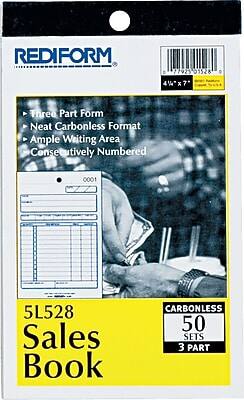REDIFORM  
77923 01528 x 7  
Three Part Form  
Neat Carbonless Format  
Ample Writing Area  
Consecutively Numbered  

5L528  
Sales Book  

CARBONLESS  
50 SETS  
3 PART