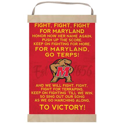FIGHT, FIGHT, FIGHT FOR MARYLAND
HONOR NOW HER NAME AGAIN,
PUSH UP THE SCORE,
KEEP ON FIGHTING FOR MORE,
FOR MARYLAND, GO TERPS!
Est M 1856
AND WE WILL FIGHT, FIGHT,
FIGHT FOR TERRAPINS,
KEEP ON FIGHTING 'TILL WE WIN.
SO SING OUT OUR SONG
AS WE GO MARCHING ALONG,
TO VICTORY!