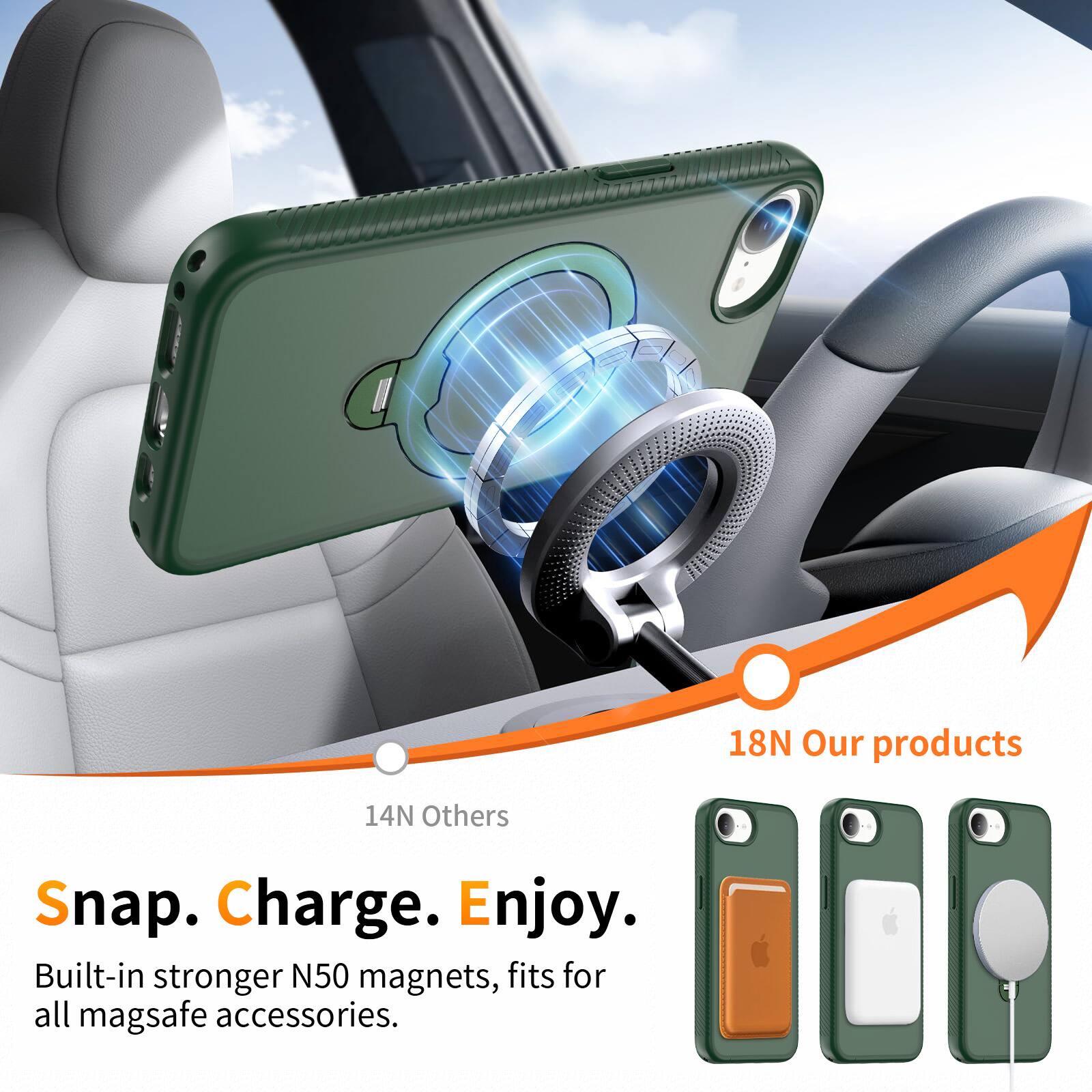 18N Our products  
14N Others  
Snap. Charge. Enjoy.  
Built-in stronger N50 magnets, fits for all mag safe accessories.