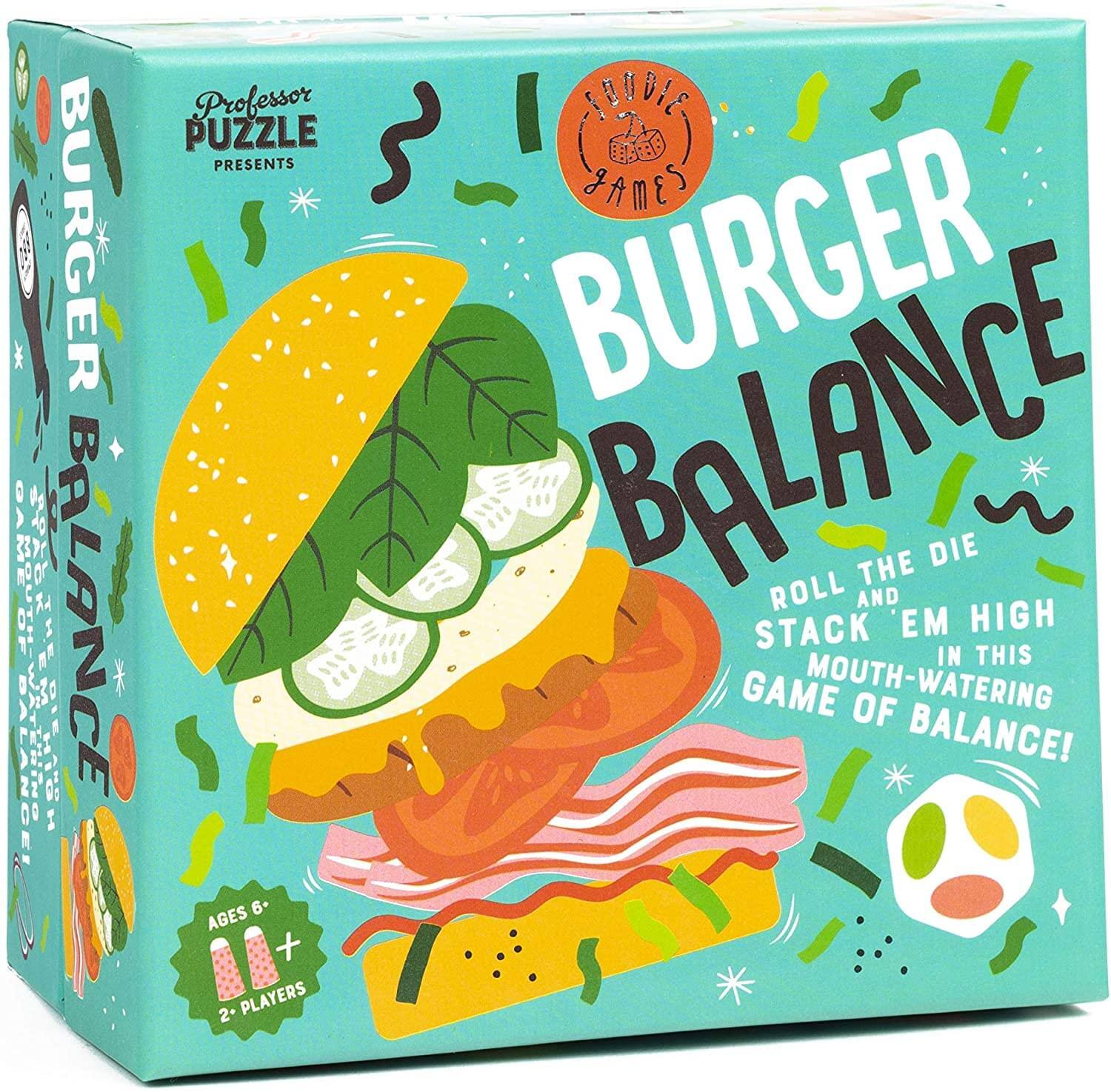 Professor Puzzle Presents  
Burger Balance  

Roll the die and stack 'em high in this mouth-watering game of balance!  

Ages 6+  
2+ Players