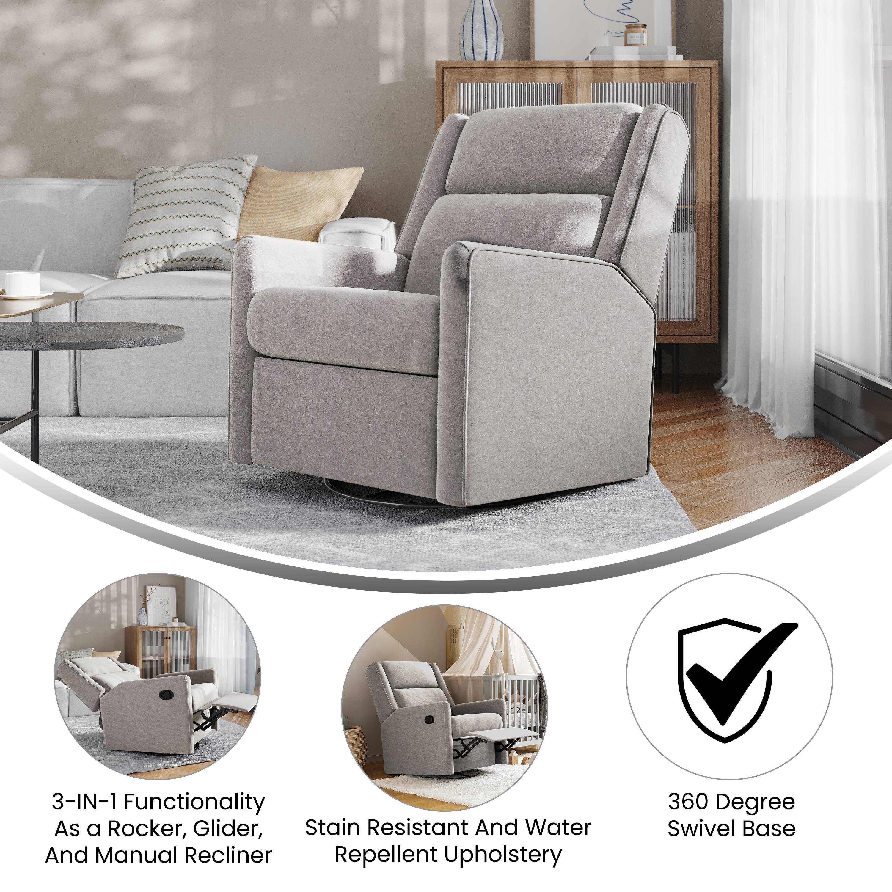 3-IN-1 Functionality  
As a Rocker, Glider, Stain Resistant And Water And Manual Recliner  
Repellent Upholstery  
360 Degree Swivel Base