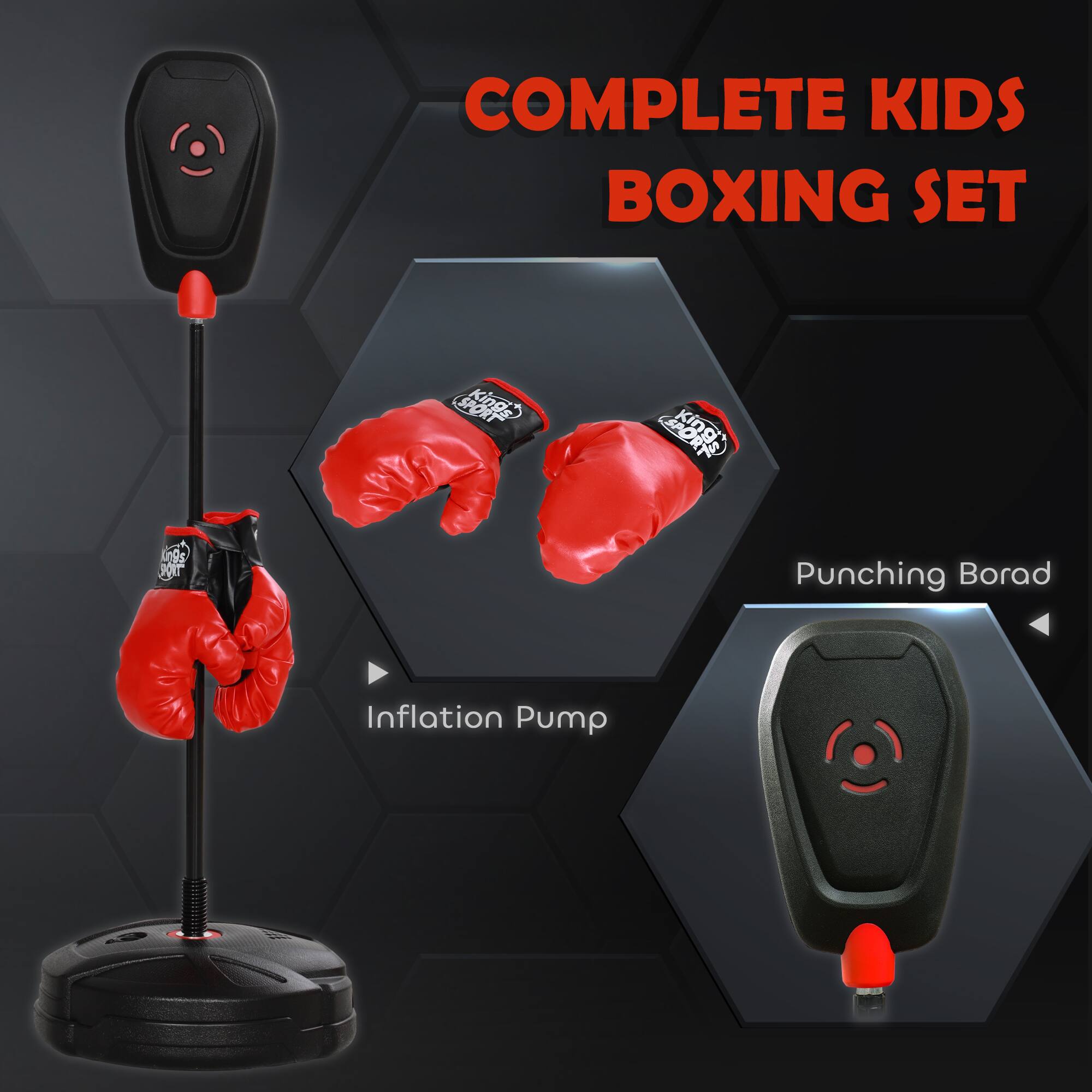 COMPLETE KIDS BOXING SET

- Inflation Pump
- Punching Board
