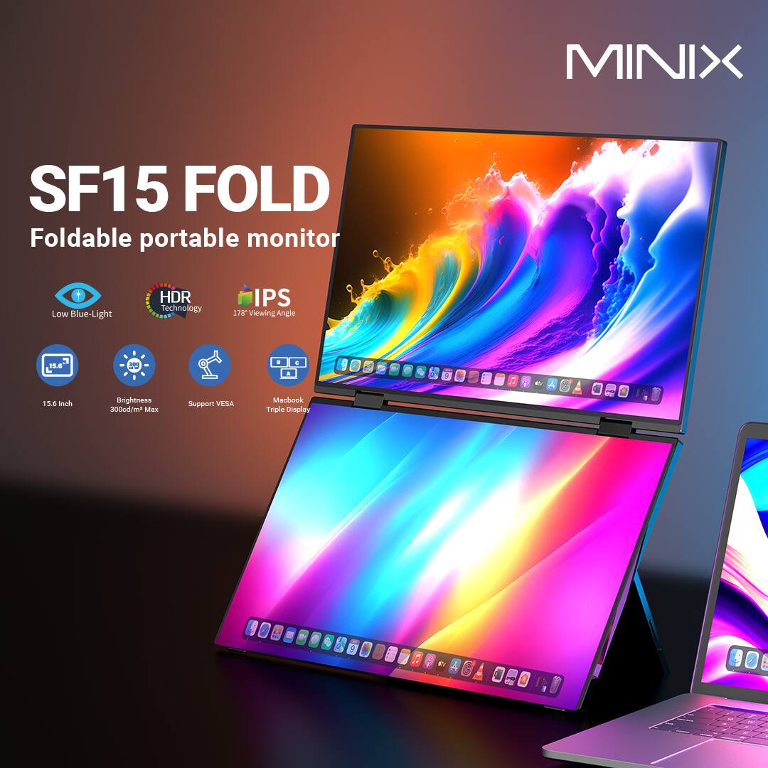 MINIX SF15 FOLD Foldable portable monitor Low Blue-Light HDR Technology IPS 179 Viewing Angle 15.6 inch Brightness 300cd/m² Max Support VESA Macbook Triple Display