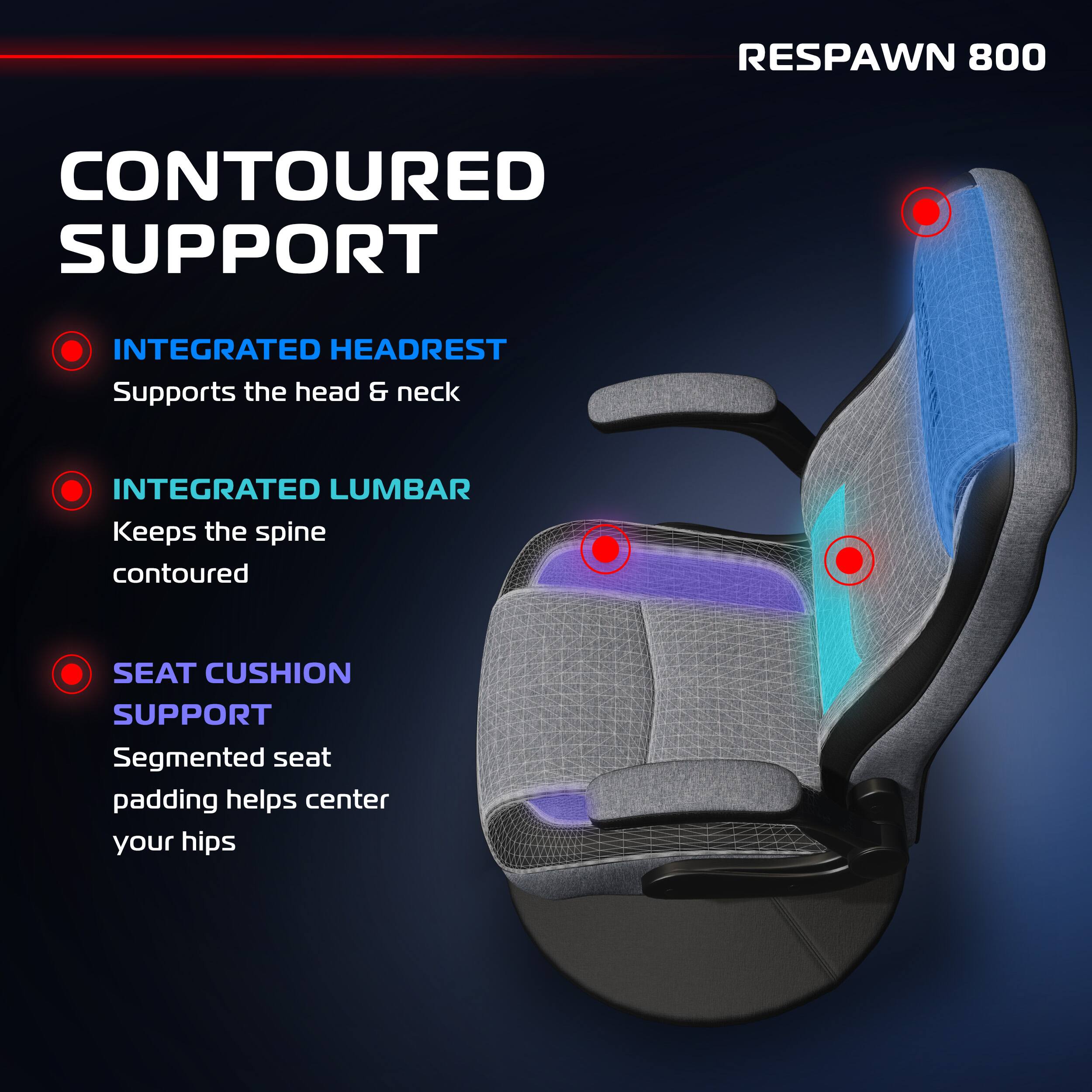 RESPAWN 800
CONTOURED SUPPORT
INTEGRATED HEADREST
Supports the head & neck
INTEGRATED LUMBAR
Keeps the spine contoured
SEAT CUSHION SUPPORT
Segmented seat padding helps center your hips