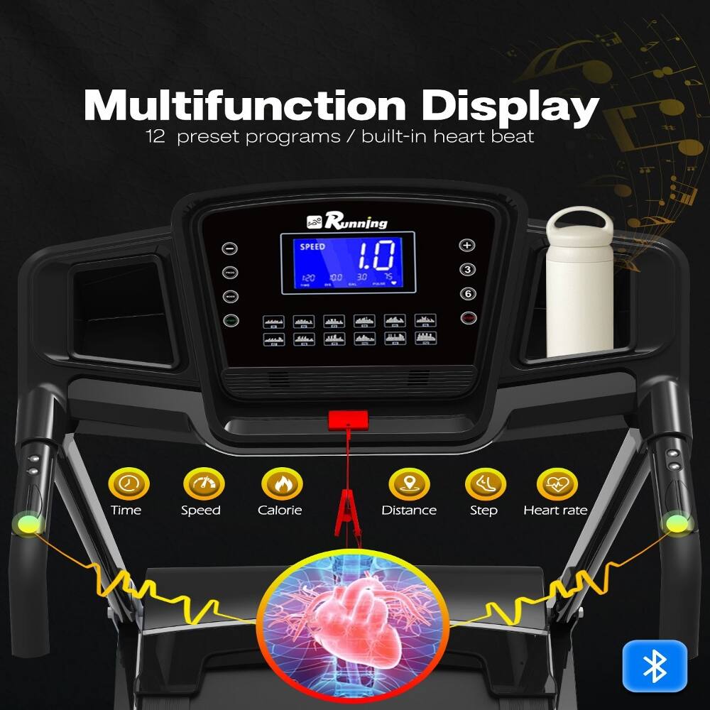Multifunction Display  
12 preset programs / built-in heart beat  

Running  
SPEED 1.0 OS1 00 DE 25 + 3 6  

- Time  
- Speed  
- Calorie  
- Distance  
- Step  
- Heart rate