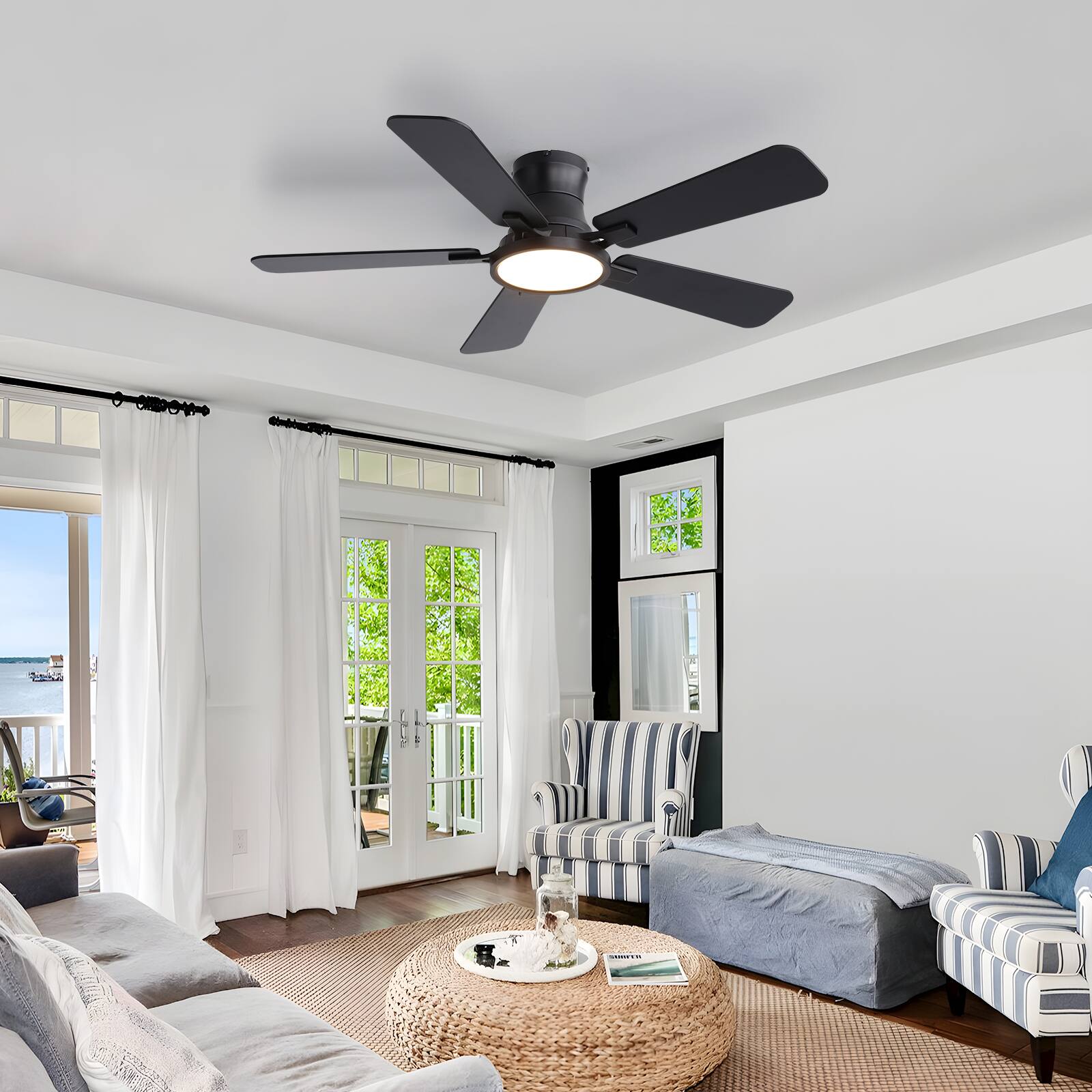 Left. Siljoy - 44 Inch Flush Mount Ceiling Fan with Light White Slim Profile 5 Blades Low Profile Fan Light for Bedroom Living Room - White.