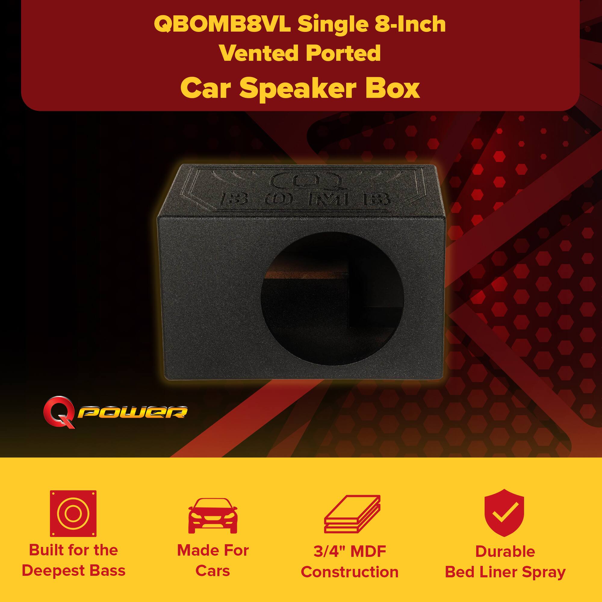 QPower QBOMB8VL Single 8 Inch Vented Ported Car Subwoofer Sub Box