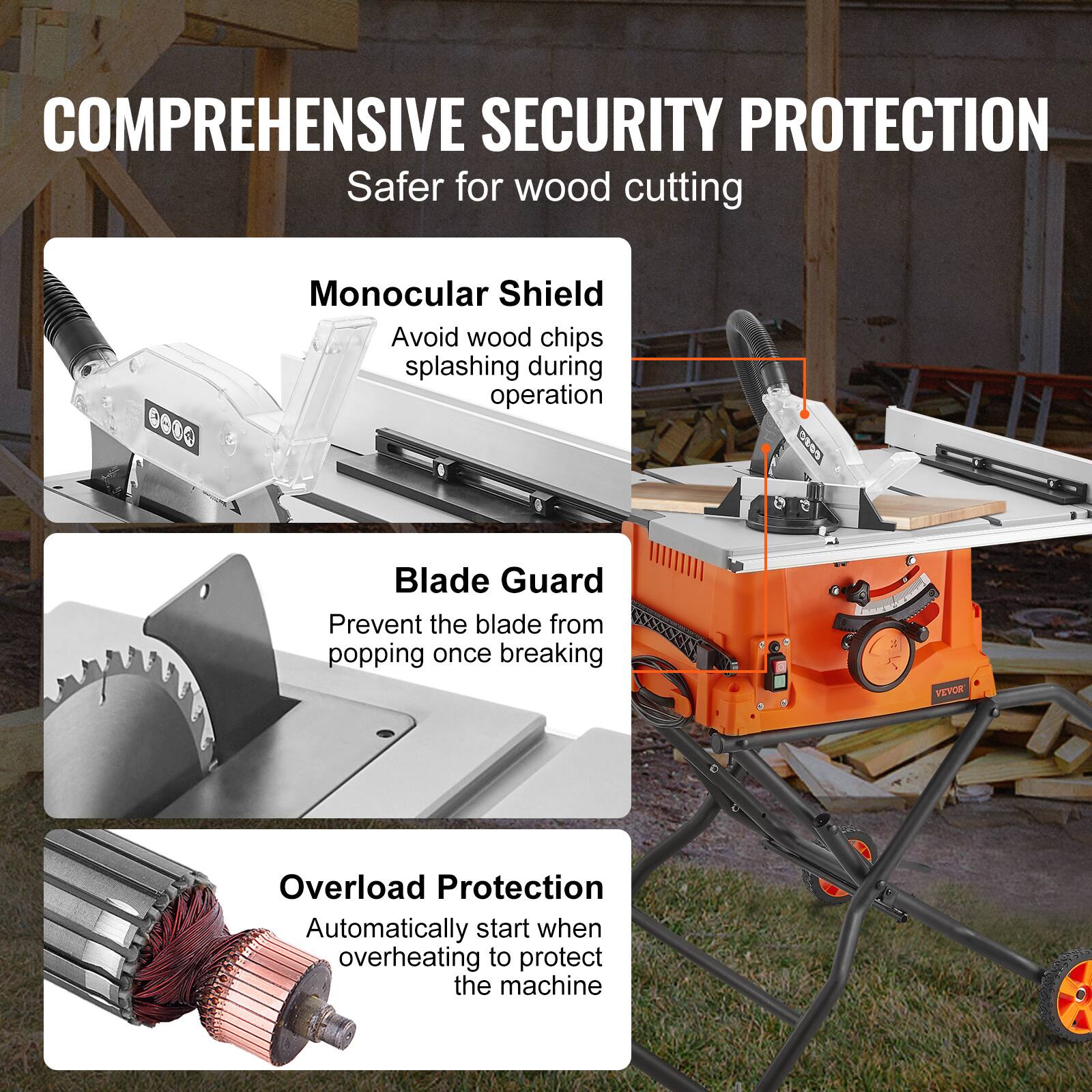 COMPREHENSIVE SECURITY PROTECTION  
Safer for wood cutting

Monocular Shield  
Avoid wood chips splashing during operation

Blade Guard  
Prevent the blade from popping once breaking

Overload Protection  
Automatically start when overheating to protect the machine