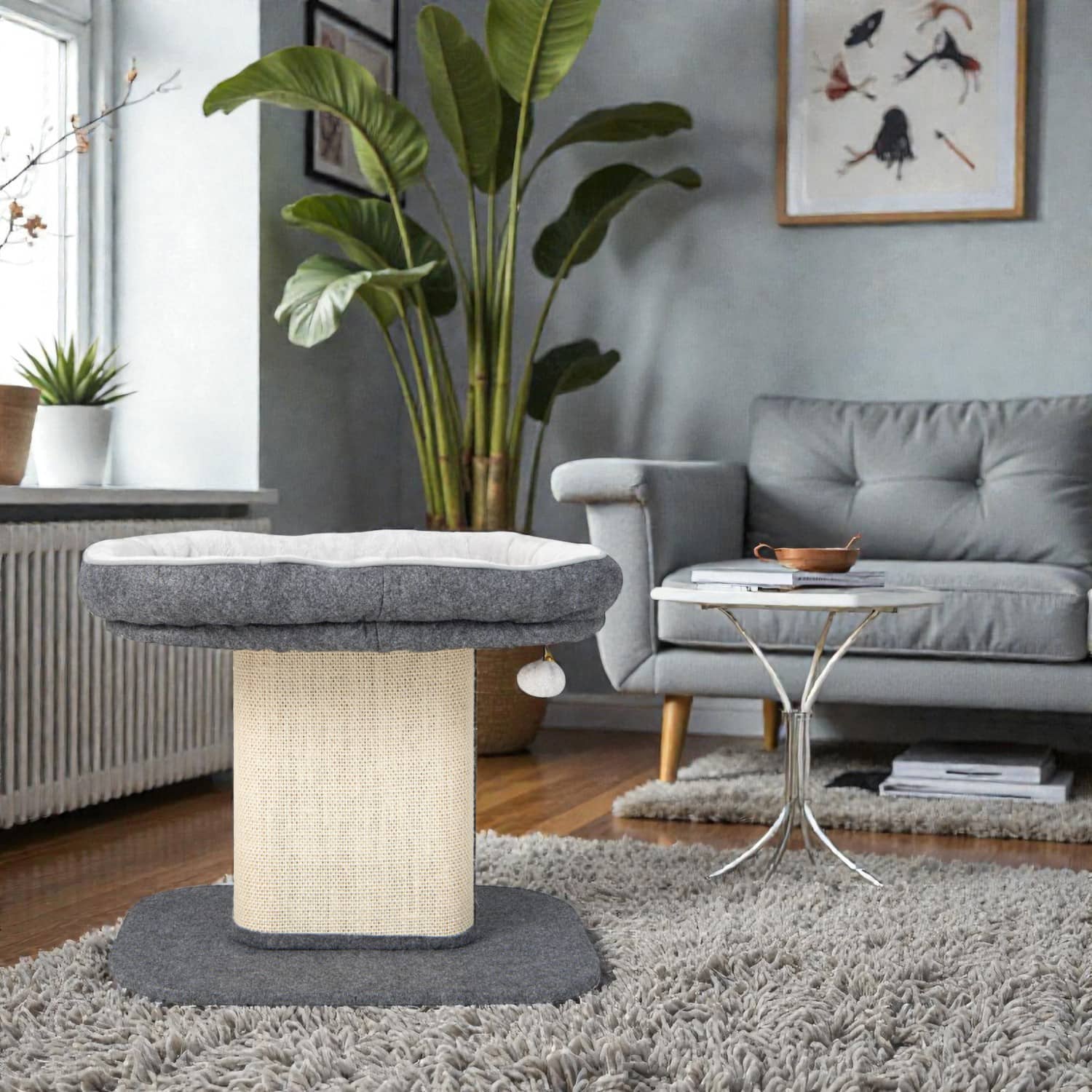 BreeBe - Contemporary Cat Tower with Plush Perch and Sisal Scratching Surface - Gray