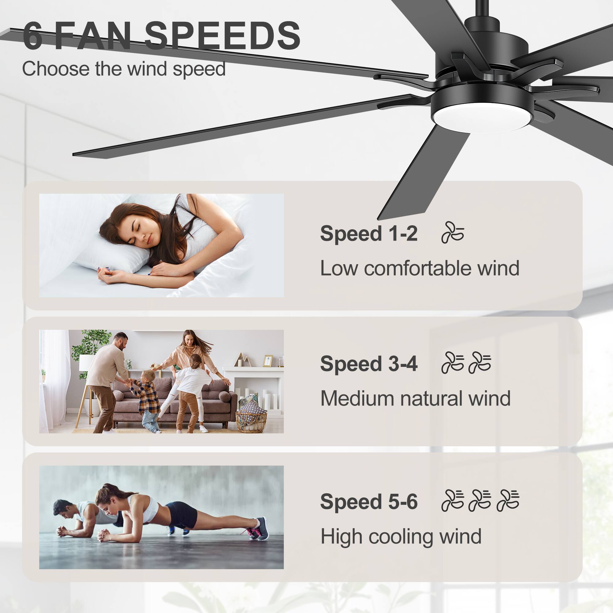 6 FAN SPEEDS  
Choose the wind speed

Speed 1-2  
Low comfortable wind

Speed 3-4  
Medium natural wind

Speed 5-6  
High cooling wind