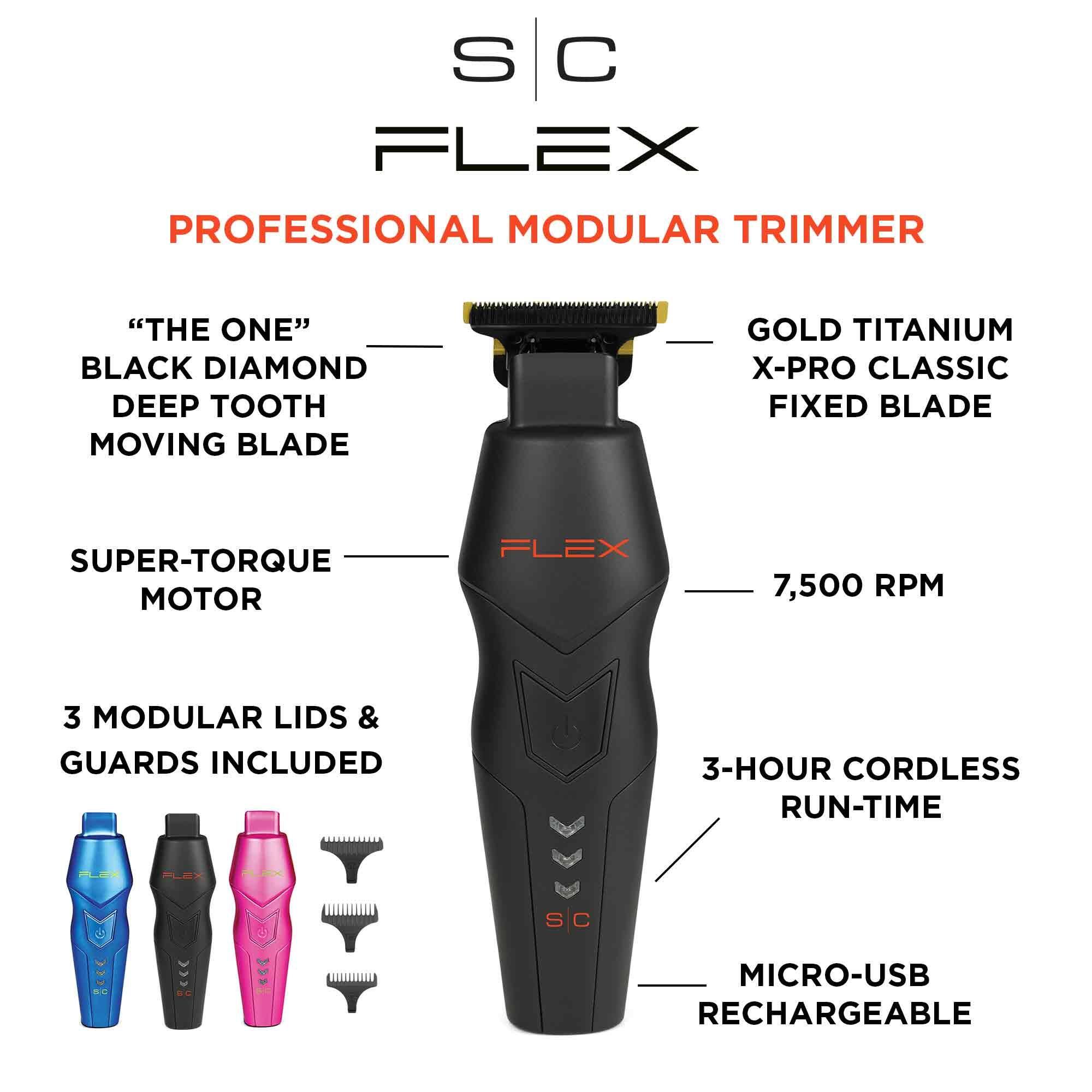 S C FLEX PROFESSIONAL MODULAR TRIMMER "THE ONE" BLACK DIAMOND DEEP TOOTH MOVING BLADE GOLD TITANIUM X-PRO CLASSIC FIXED BLADE SUPER-TORQUE MOTOR FLEX 7,500 RPM 3 MODULAR LIDS & GUARDS INCLUDED 3-HOUR CORDLESS RUN-TIME S C MICRO-USB RECHARGEABLE