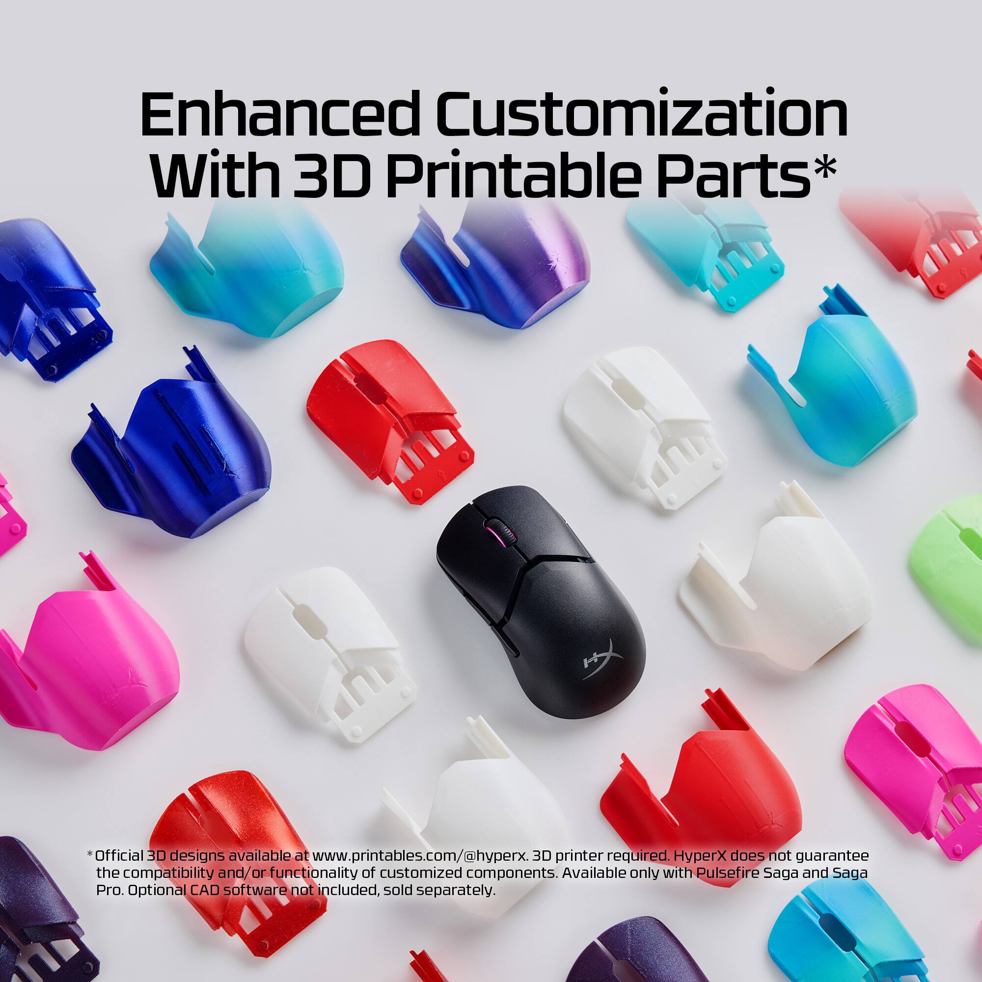 Enhanced Customization With 3D Printable Parts* *Official 3D designs available at [www.printables.com/@hyperx](http://www.printables.com/@hyperx). 3D printer required. perX does not guarantee the compatibility and/or functionality of customized components. Available only with Pulsefire Saga and Saga Pro. Optional CAD software not included, sold separately.