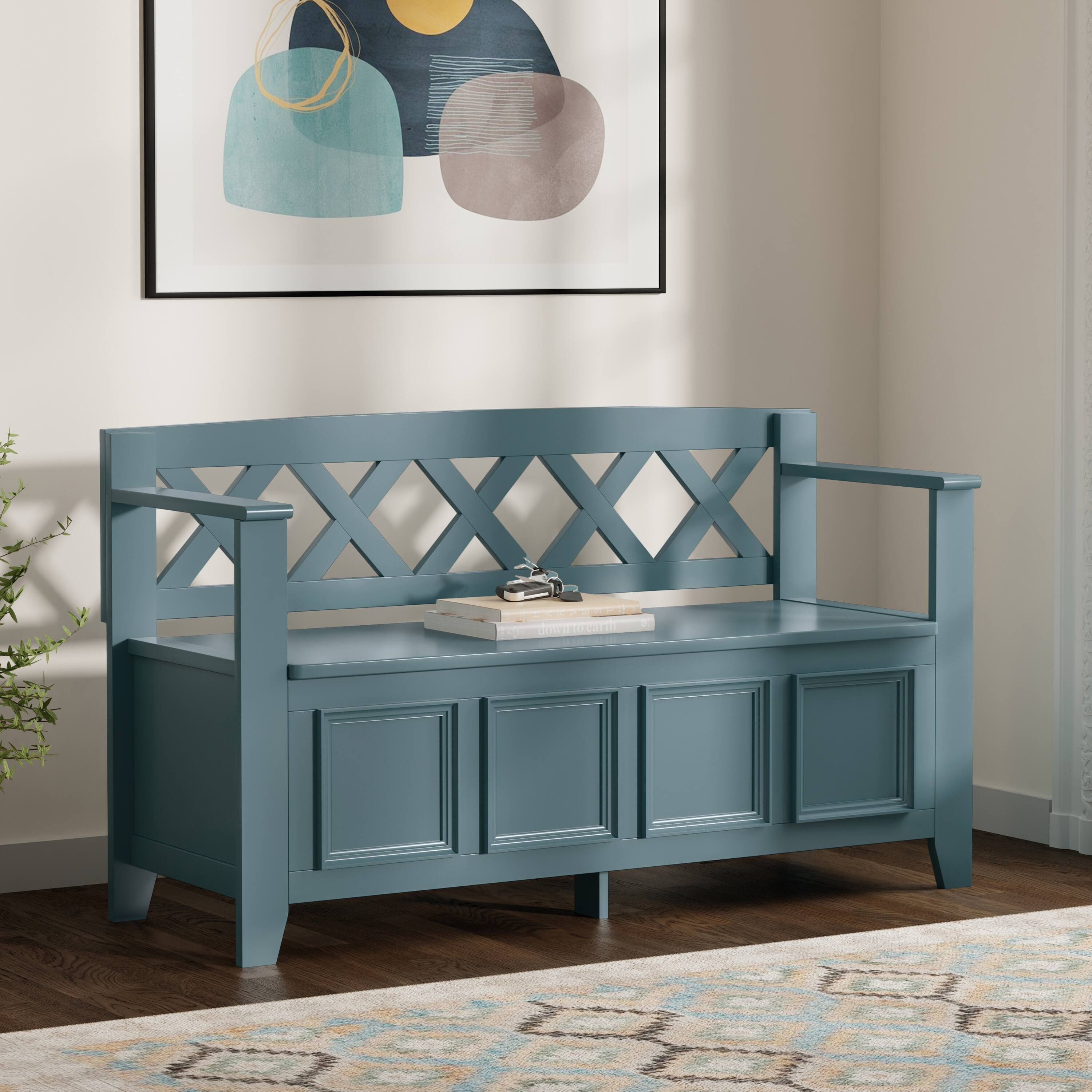 Angle. Simpli Home - Amherst 48 inch Wide Solid Wood Transitional Entryway Storage Bench in French Blue - French Blue.
