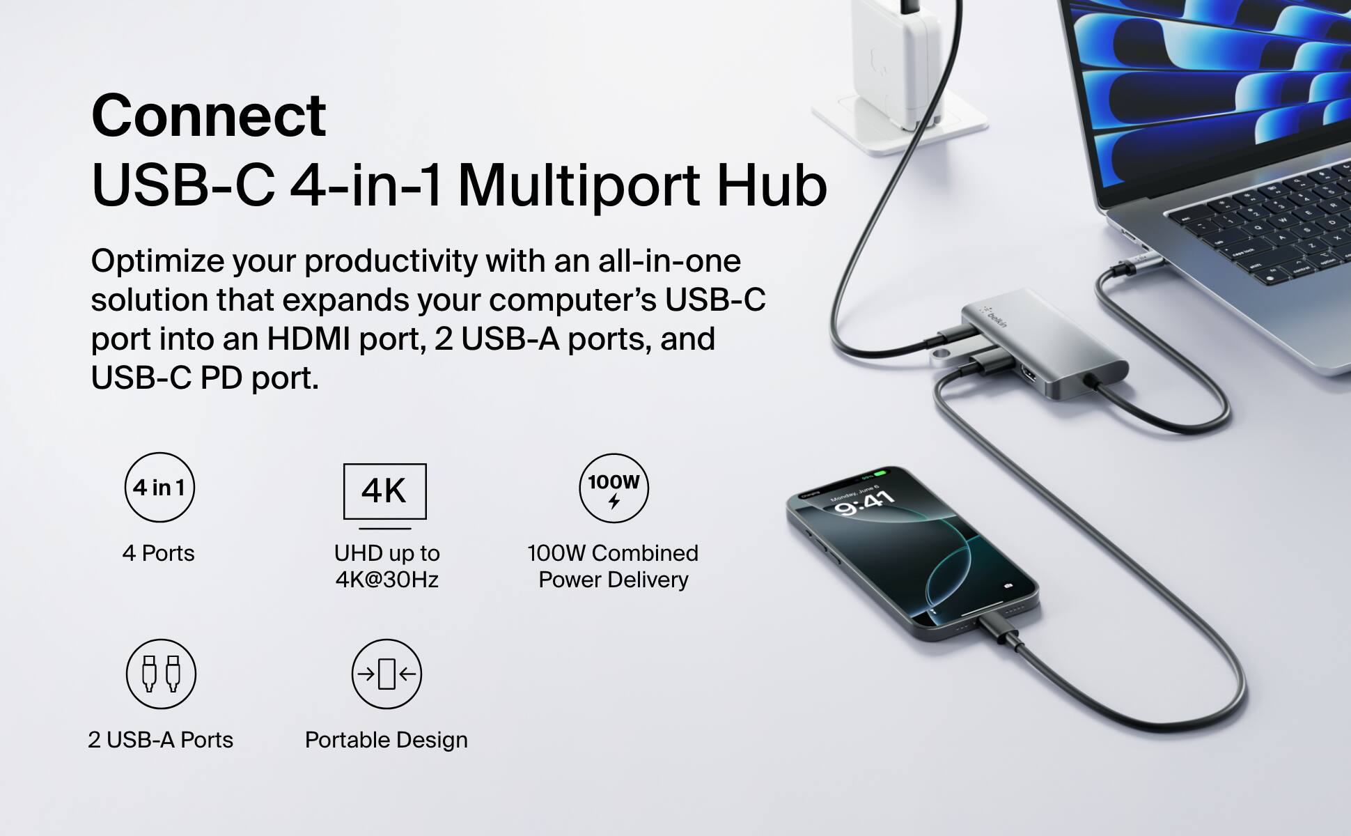 Connect USB-C 4-in-1 Multiport Hub: Optimize your productivity with an all-in-one solution that expands your computer's USB-C port into an HDMI port, 2 USB-A ports, and USB-C PD port.
