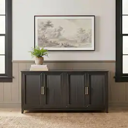 Martha Stewart - Wooden 4-Door TV Stand-Adjustable Shelves-Solid Wood Frame/Legs - Black Frame/Gold Hardware
