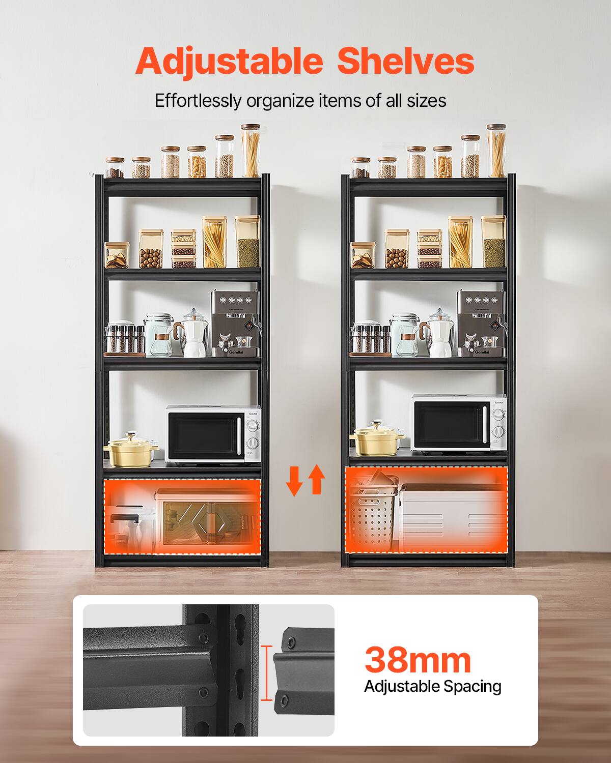 Adjustable Shelves, Effortlessly organize items of all sizes, 38mm Adjustable Spacing