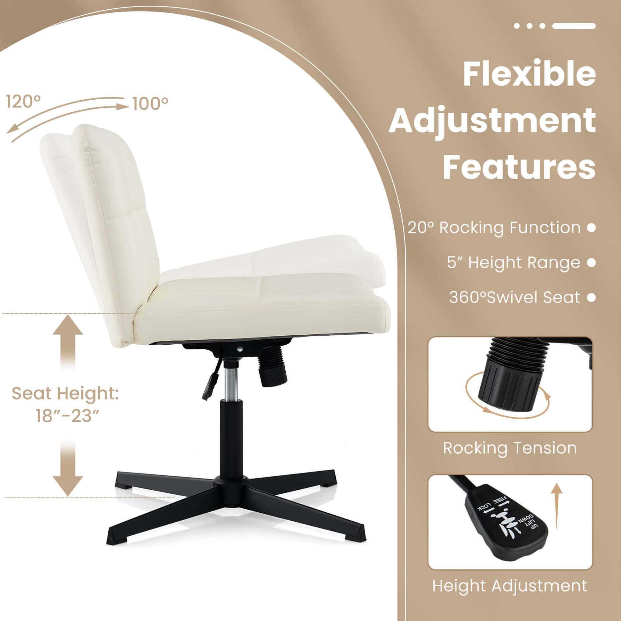 Flexible Adjustment Features: 20 Rocking Function, 5" Height Range, 360 Swivel Seat, Seat Height: 18"-23".