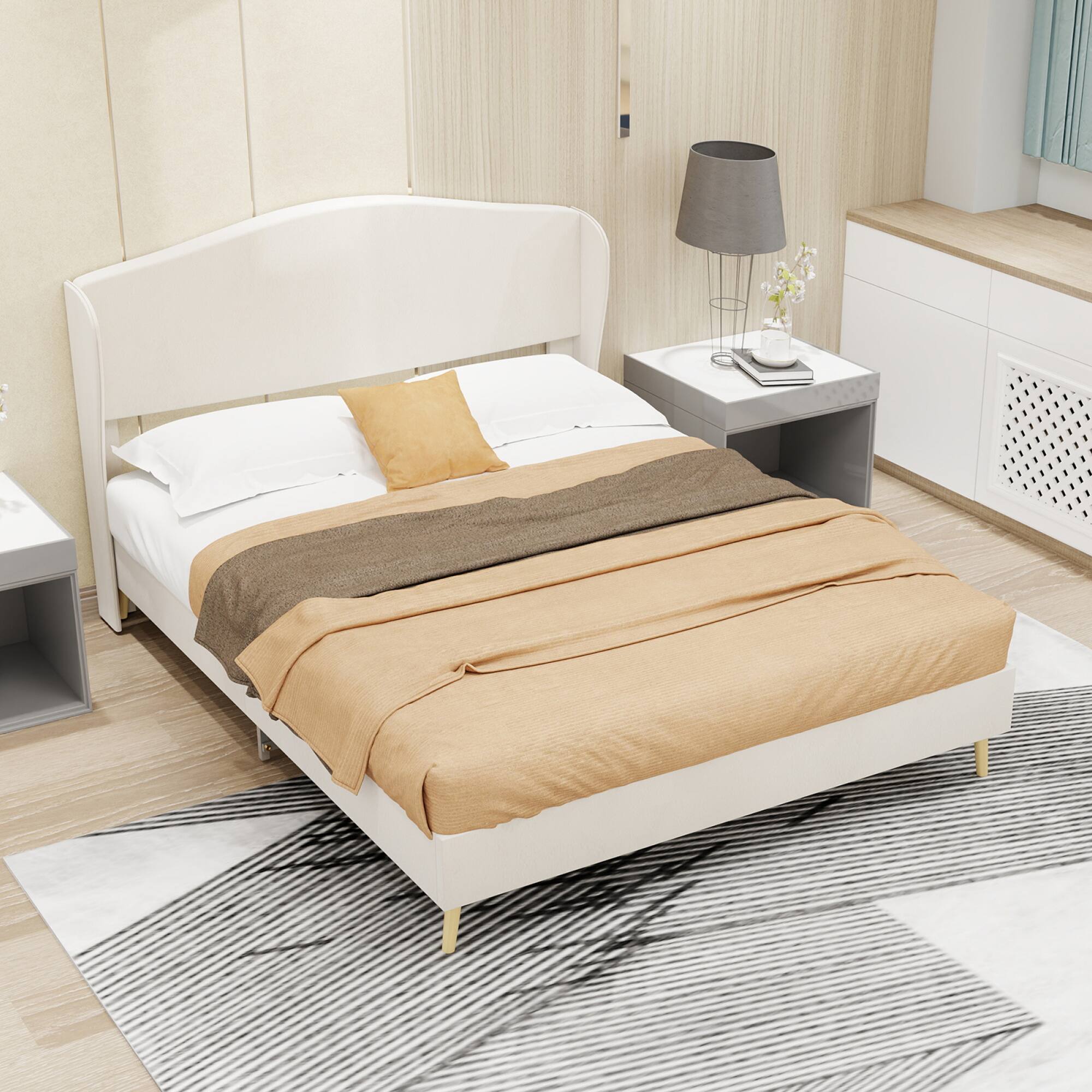 Alt View 6. GOODSILO - Luxury Velvet Upholstered Platform Bed with Tufted Headboard for Master Bedroom and Guest Rooms - Beige.