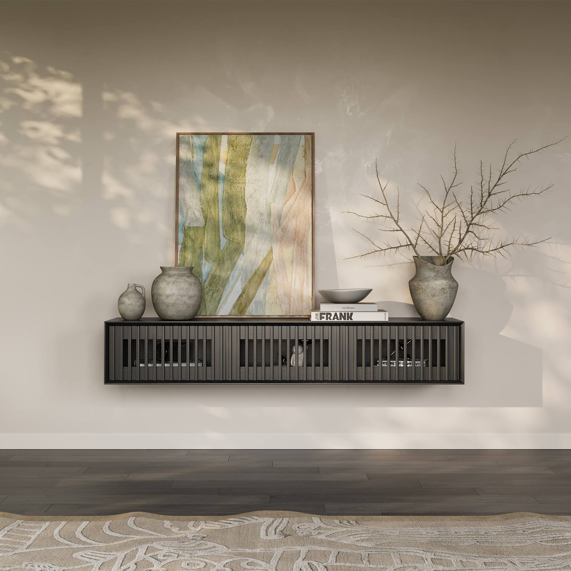 Angle. POVISON - 63" Black Floating TV Stand, Modern Minimalist, Four Drawers, Fully-Assembled - Black.