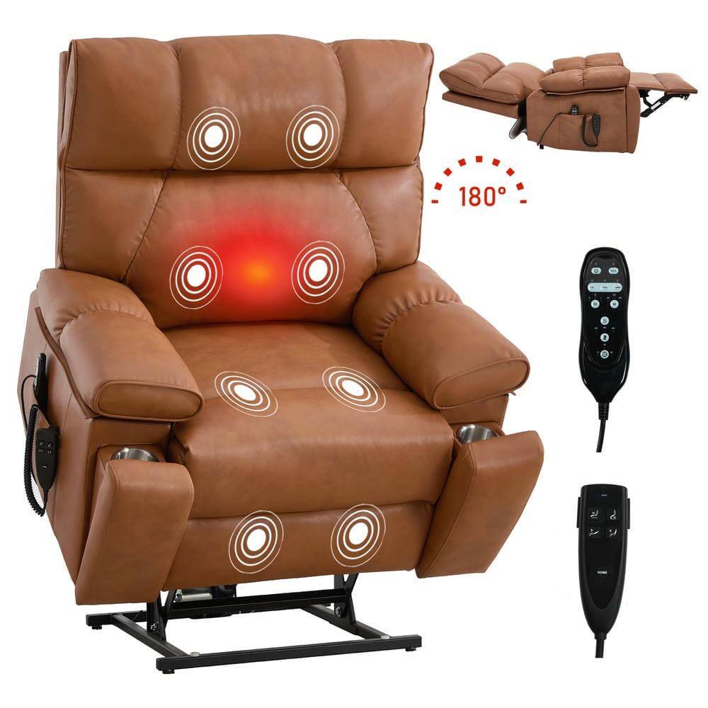 Back. Kadyn - Oversized Dual Motor Power Lift Recliner, 25" Wide Seat, Massage & Heat, 350lb Capacity, Orange - Orange.