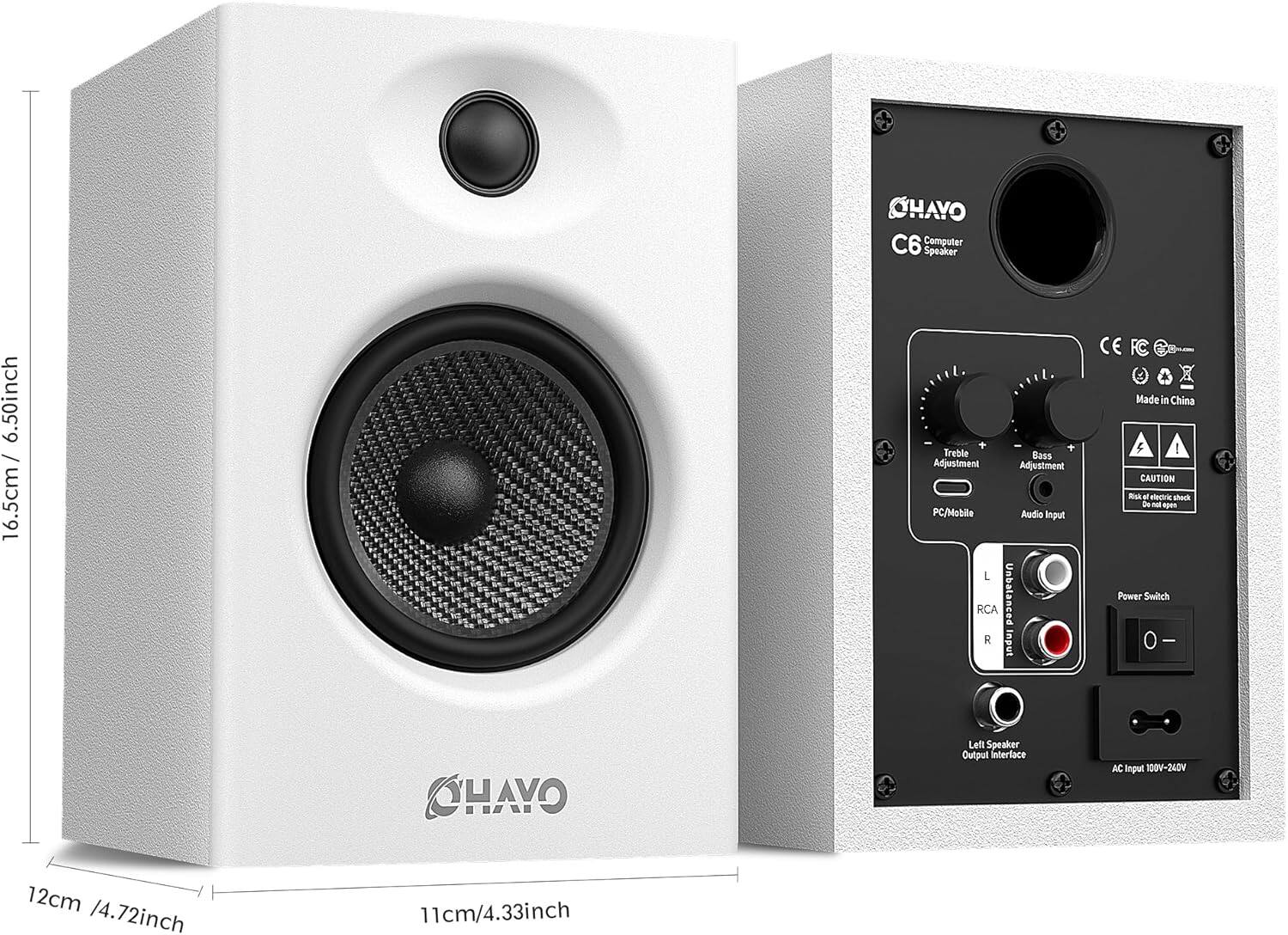 SHAYO C6 Computer Speaker  
6.50 inch / 16.5 cm  
Treble + Bass Adjustment  
PC/Mobile Audio Input  
L RCA Unbalanced R input  
Made in China  

CAUTION - Risk of electric shock - Do not open  
Power Switch  
Left Speaker Output Interface  
AC Input 100V-240V  

12 cm / 4.72 inch  
11 cm / 4.33 inch  
16.5 cm / 6.50 inch