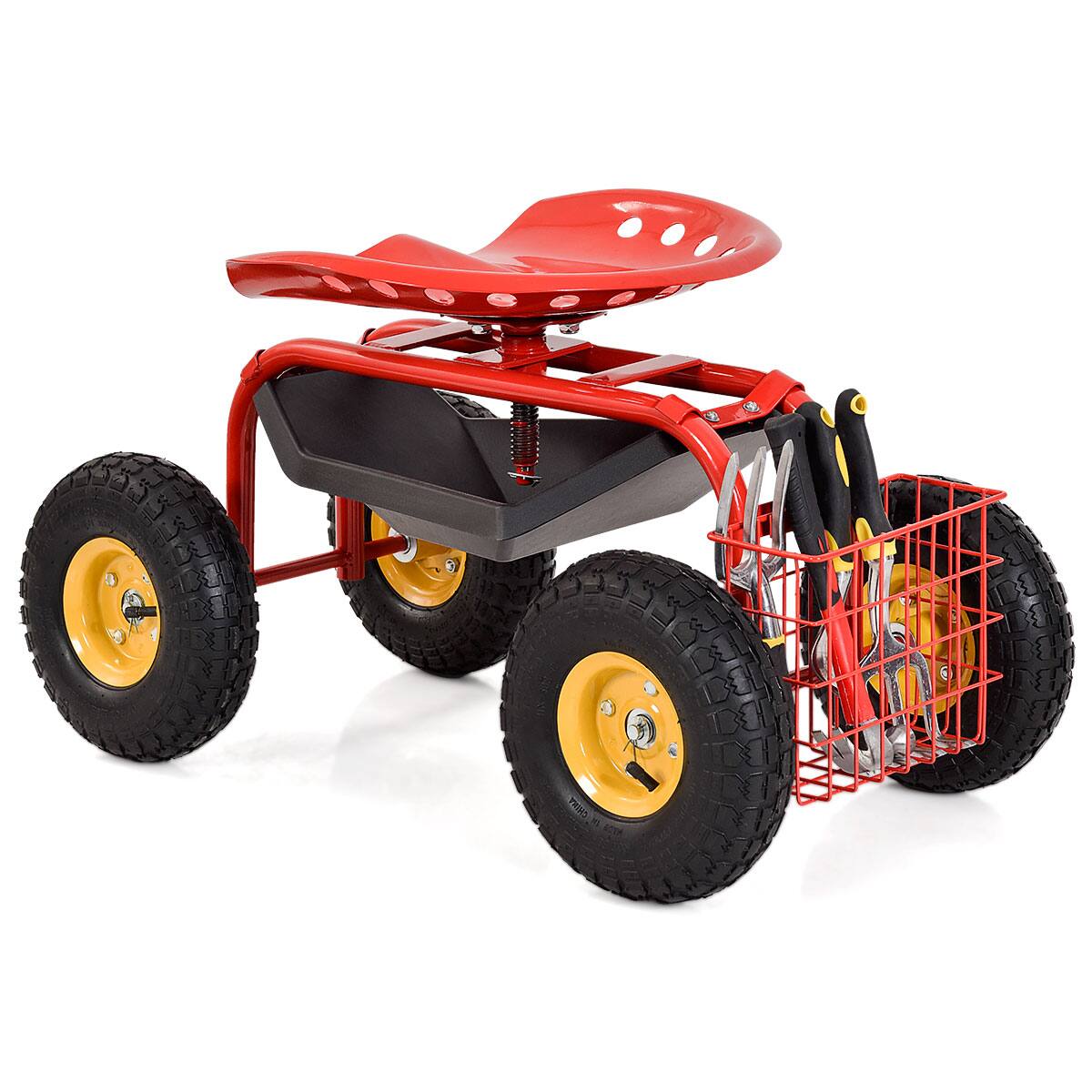 Back. SlickBlue - Heavy-Duty Garden Cart with Work Seat and Tool Tray for Outdoor Gardening - Red.