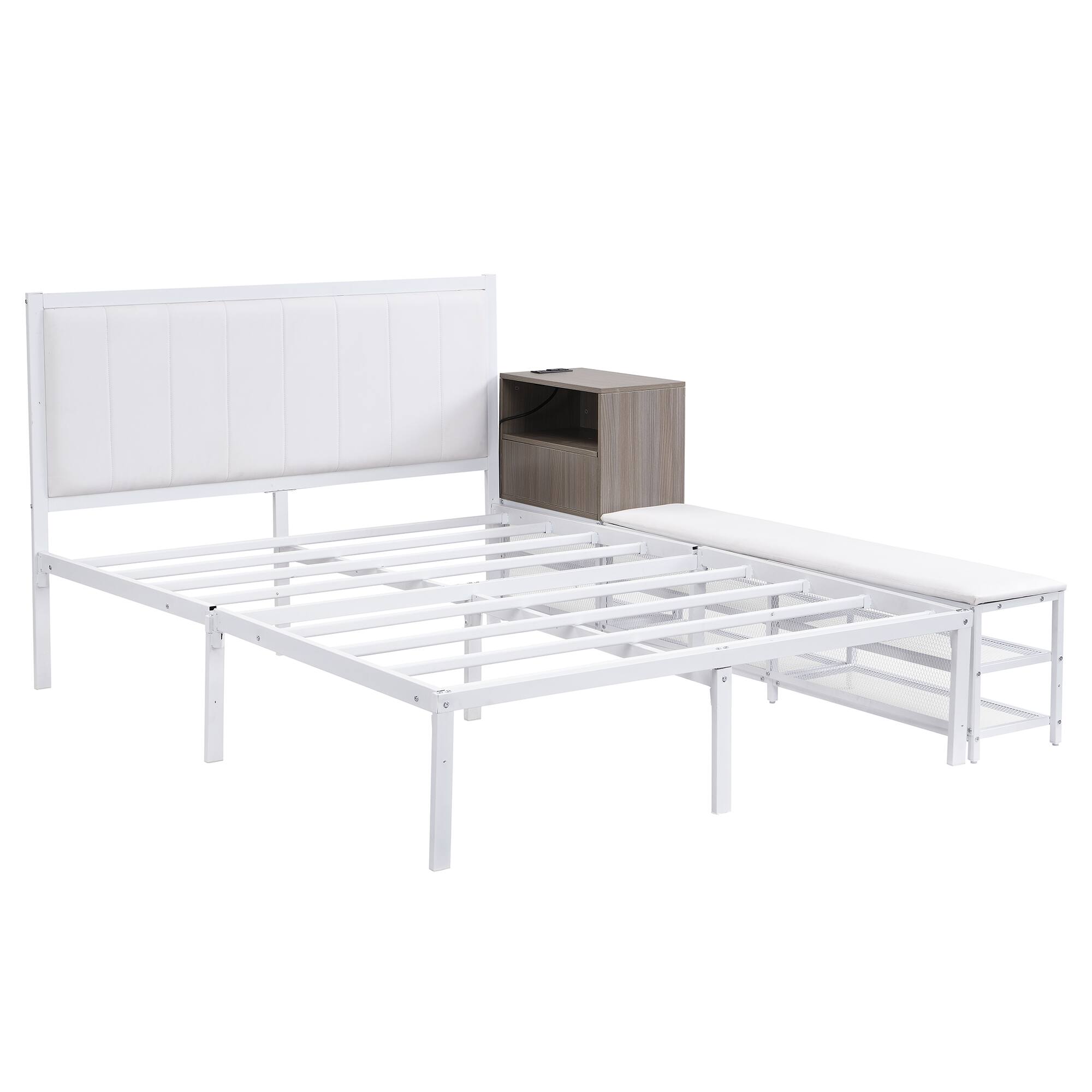 Left. Tiramisubest - Full size Metal Platform Bed with Two-Tier Storage Shelves, Wooden Storage Cabinet, White - White.