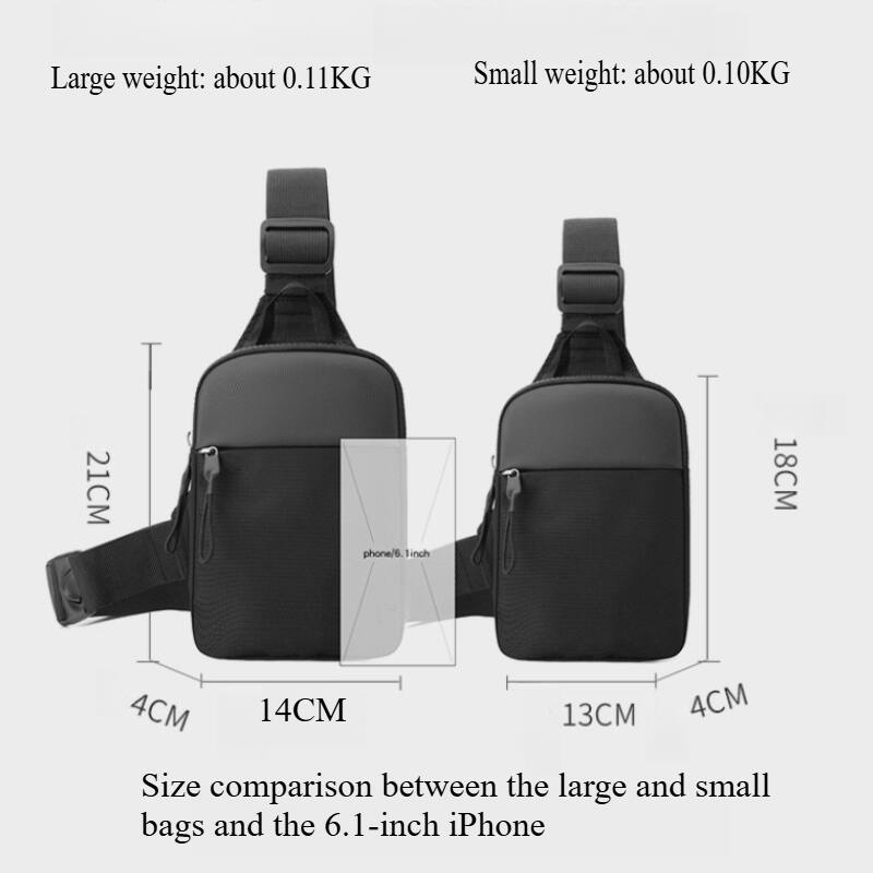 Large weight: about 0.11KG  
Small weight: about 0.10KG  

Size comparison between the large and small bags and the 6.1-inch iPhone  

- Large bag:  
  - Height: 21CM  
  - Width: 14CM  
  - Depth: 4CM  

- Small bag:  
  - Height: 18CM  
  - Width: 13CM  
  - Depth: 4CM  

- 6.1-inch iPhone:  
  - Height: 15.4CM  
  - Width: 7.5CM  
  - Depth: 0.8CM