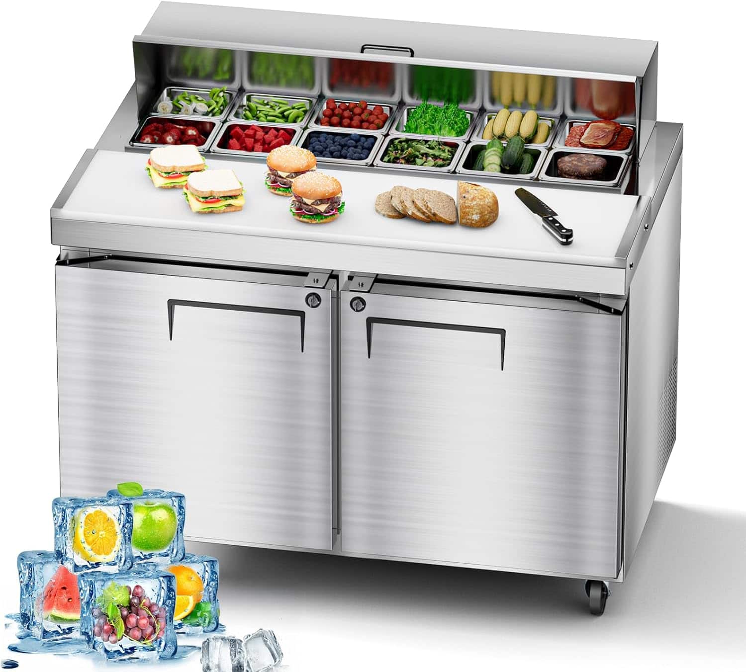 Mirfee - Commercial Refrigerator 48" Sandwich Prep Table - 2 Door 12 Pan Stainless Steel Workstation - Silver